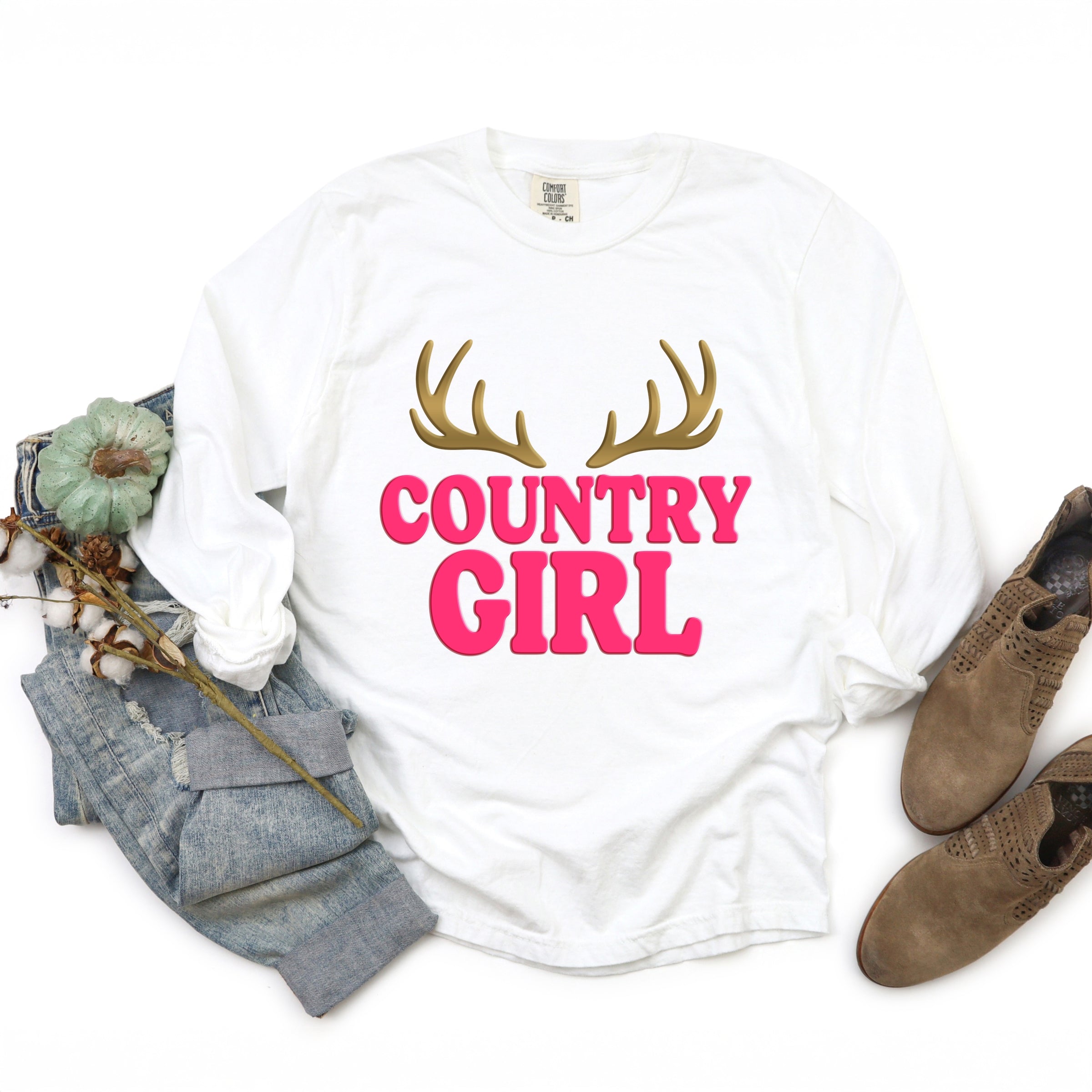 Country Girl Antlers Puff Print - Womens Garment Dyed Long Sleeve Graphic T-Shirt
