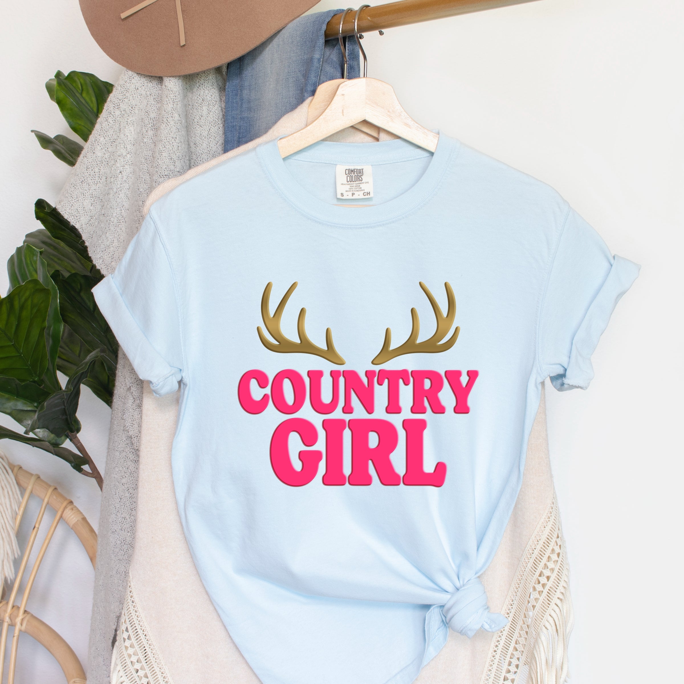 Country Girl Antlers Puff Print - Womens Garment Dyed Graphic T-Shirt