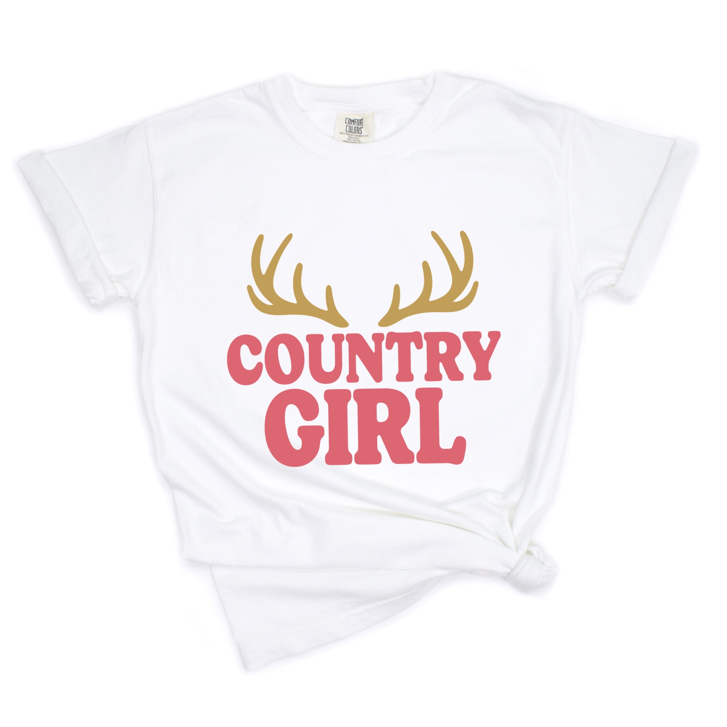 Country Girl Antlers Puff Print - Womens Garment Dyed Graphic T-Shirt