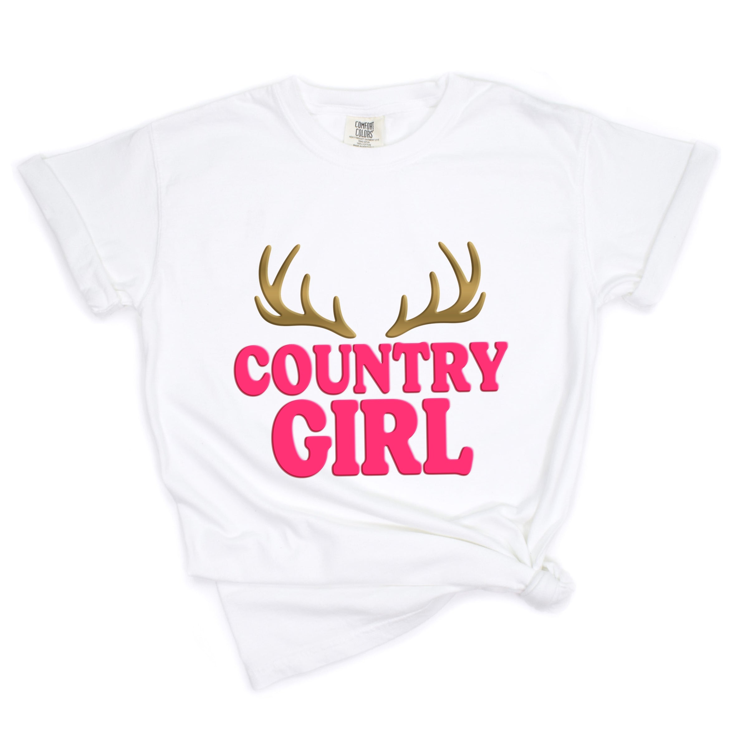 Country Girl Antlers Puff Print - Womens Garment Dyed Graphic T-Shirt