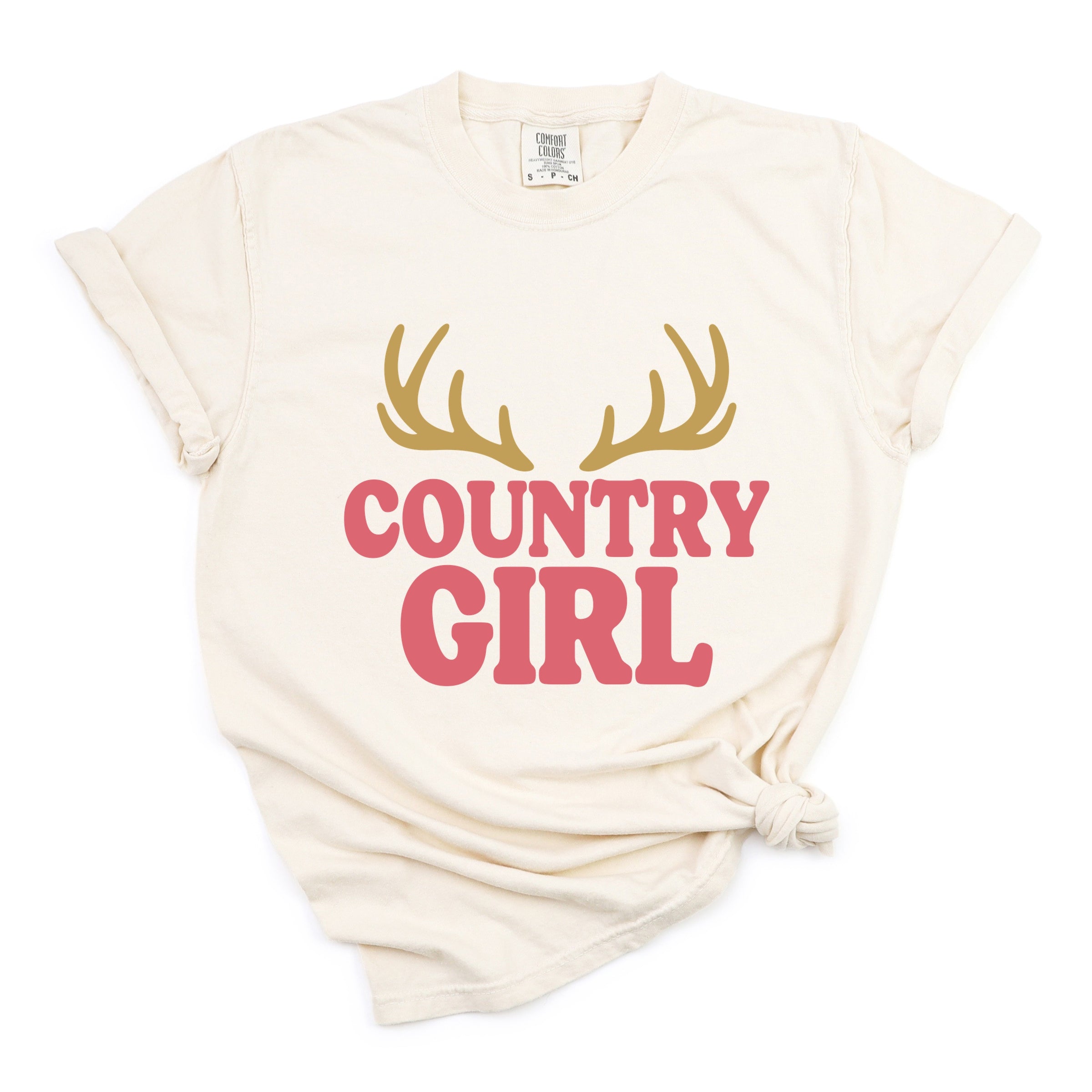Country Girl Antlers Puff Print - Womens Garment Dyed Graphic T-Shirt