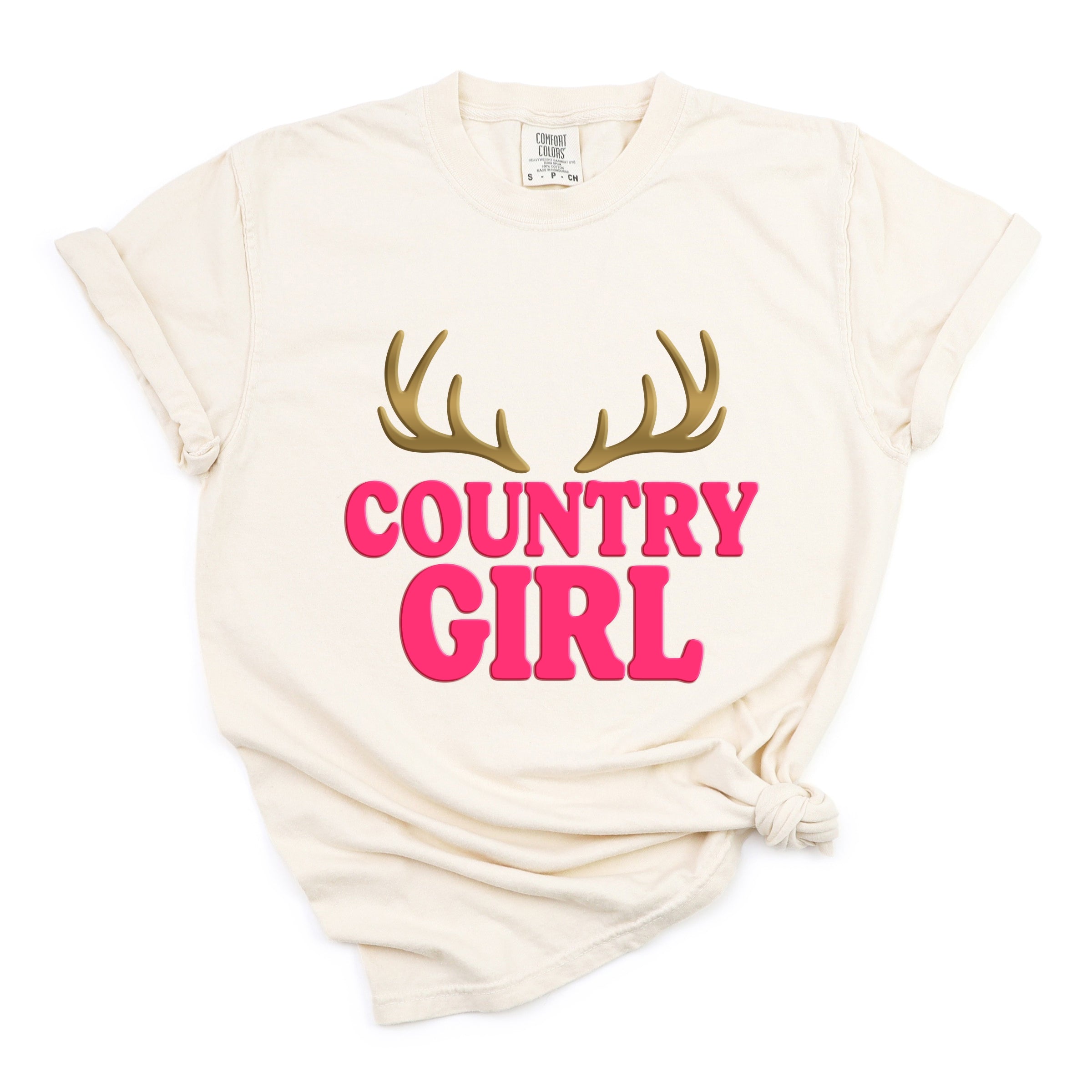 Country Girl Antlers Puff Print - Womens Garment Dyed Graphic T-Shirt