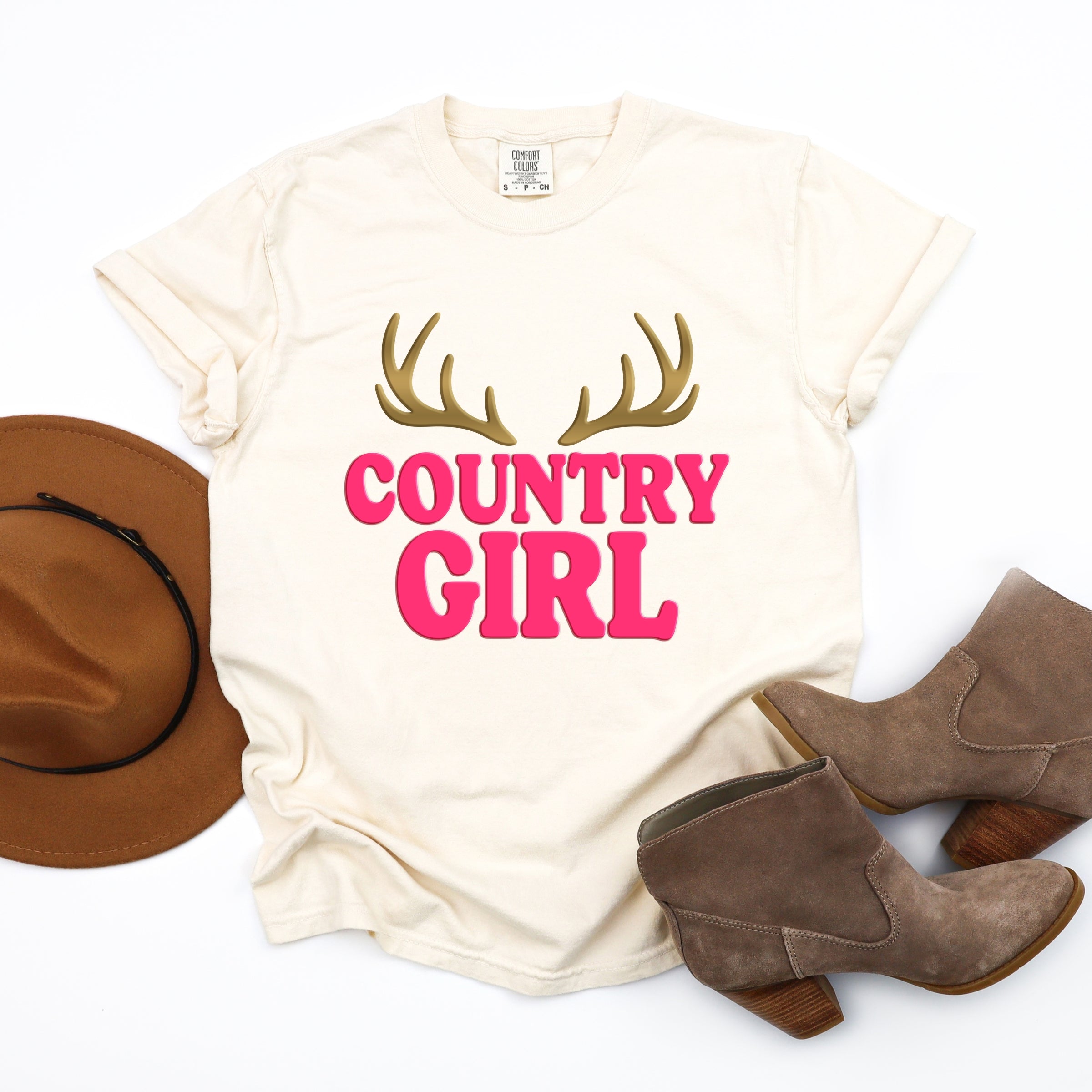 Country Girl Antlers Puff Print - Womens Garment Dyed Graphic T-Shirt