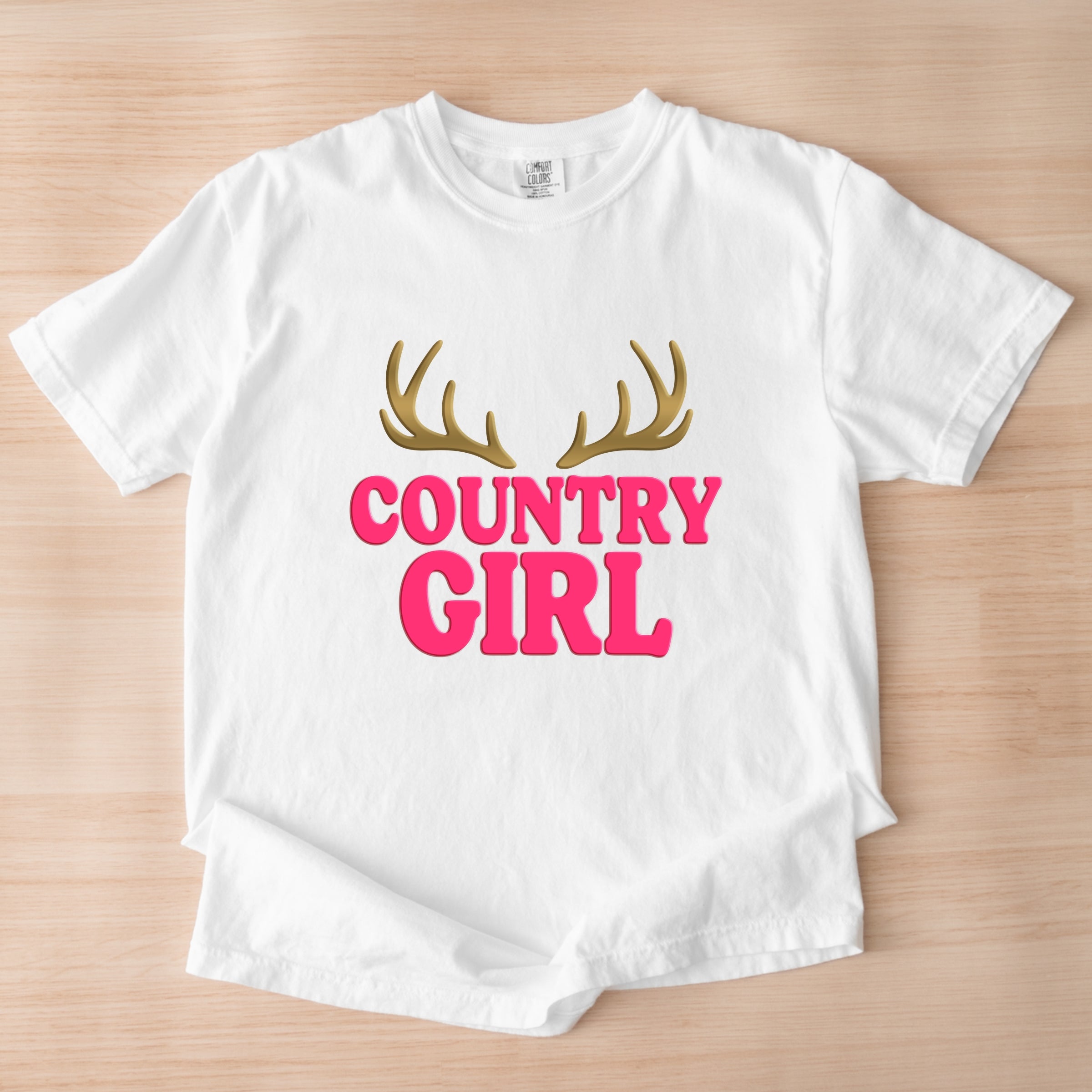 Country Girl Antlers Puff Print - Womens Garment Dyed Graphic T-Shirt