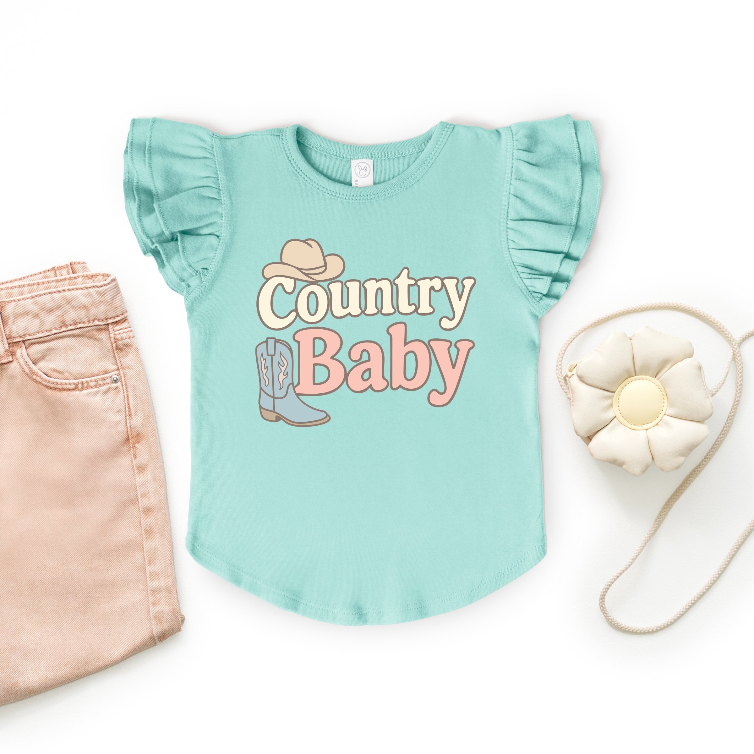 Country Baby Outline Pastel - Flutter Sleeve Graphic T-Shirt