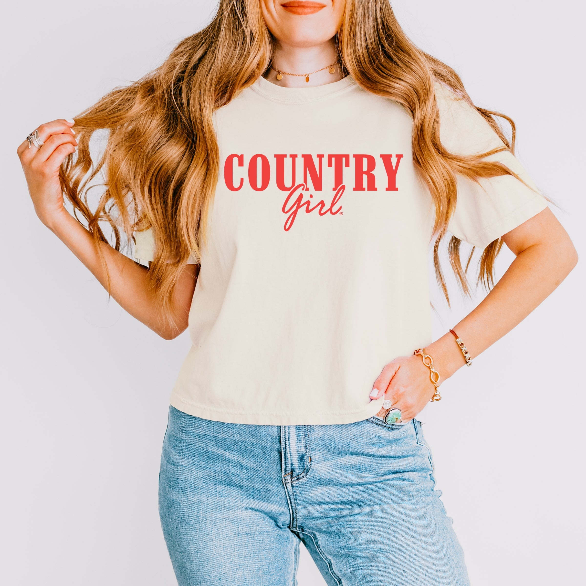 Country Girl Puff Print - Womens Boxy Crop Top Graphic T-Shirt