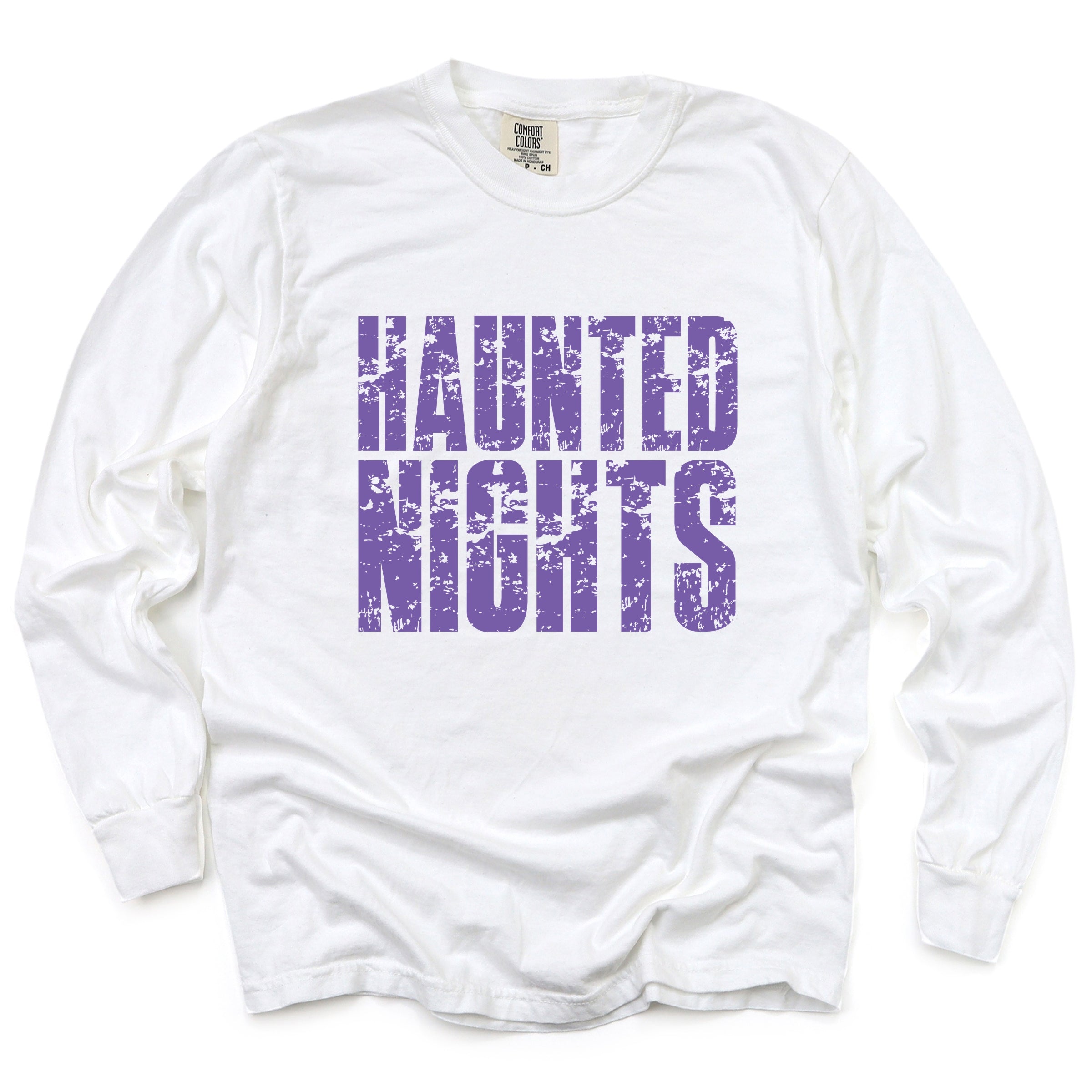 Haunted Nights Block Distressed - Women's Garment Dyed Long Sleeve Graphic T-Shirt