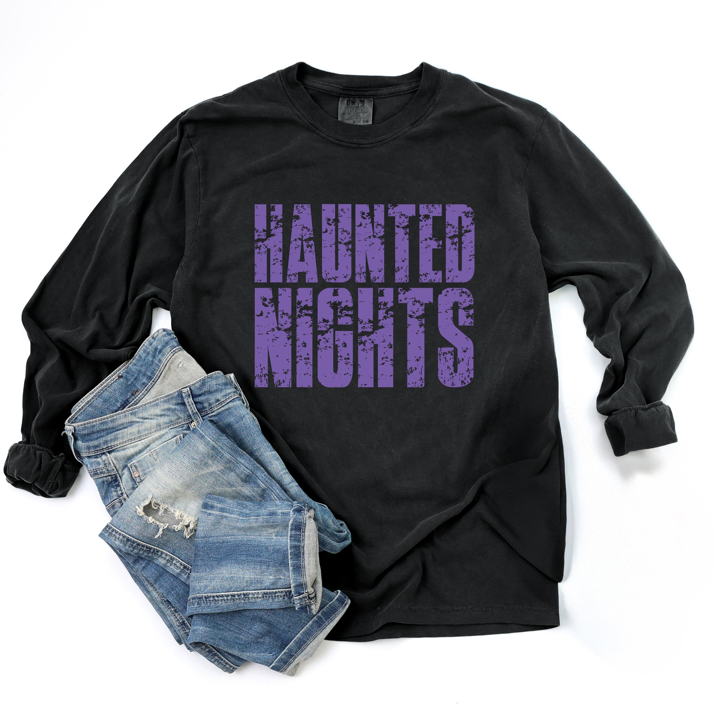 Haunted Nights Block Distressed - Women's Garment Dyed Long Sleeve Graphic T-Shirt