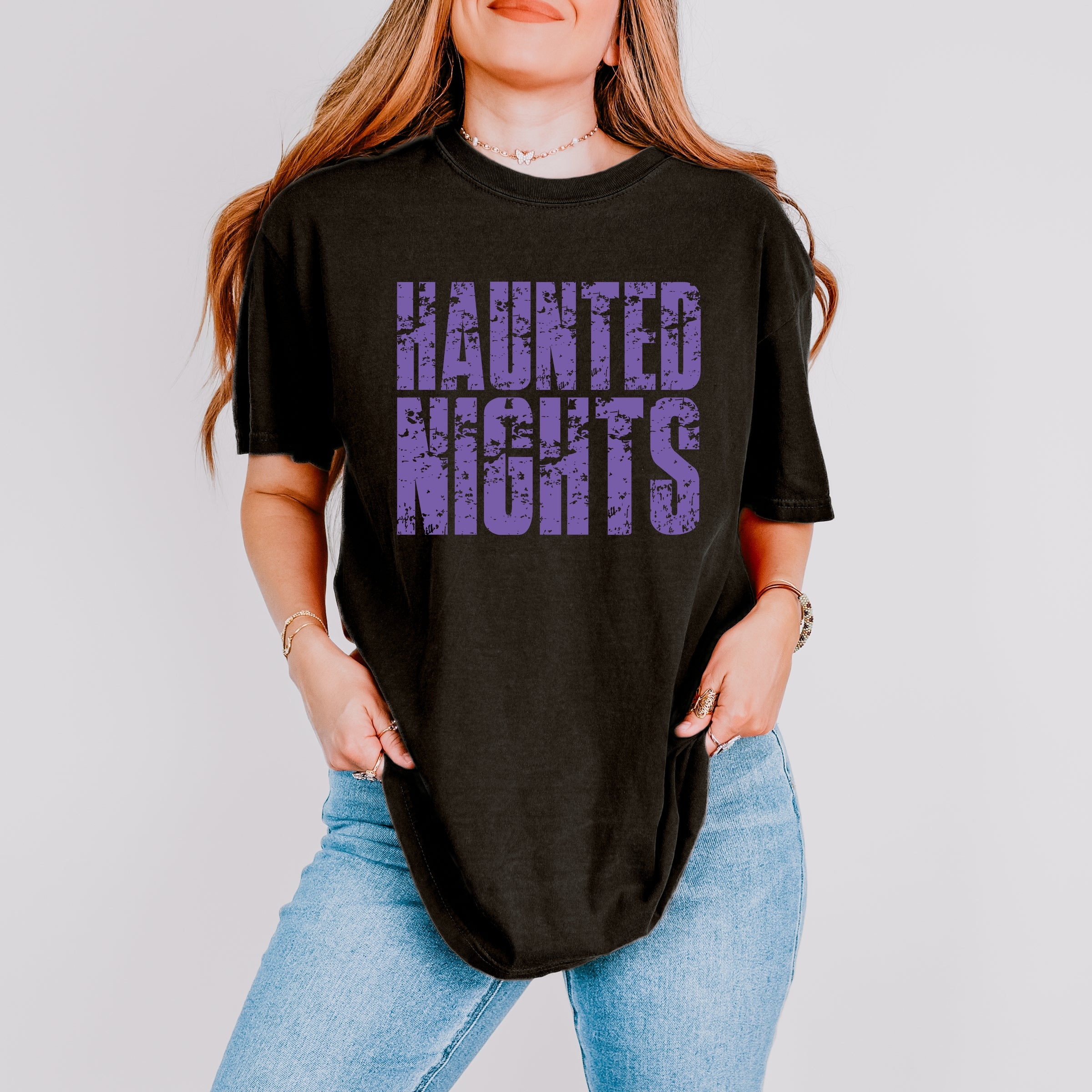 Haunted Nights Block Distressed - Women's Garment Dyed Graphic T-Shirt