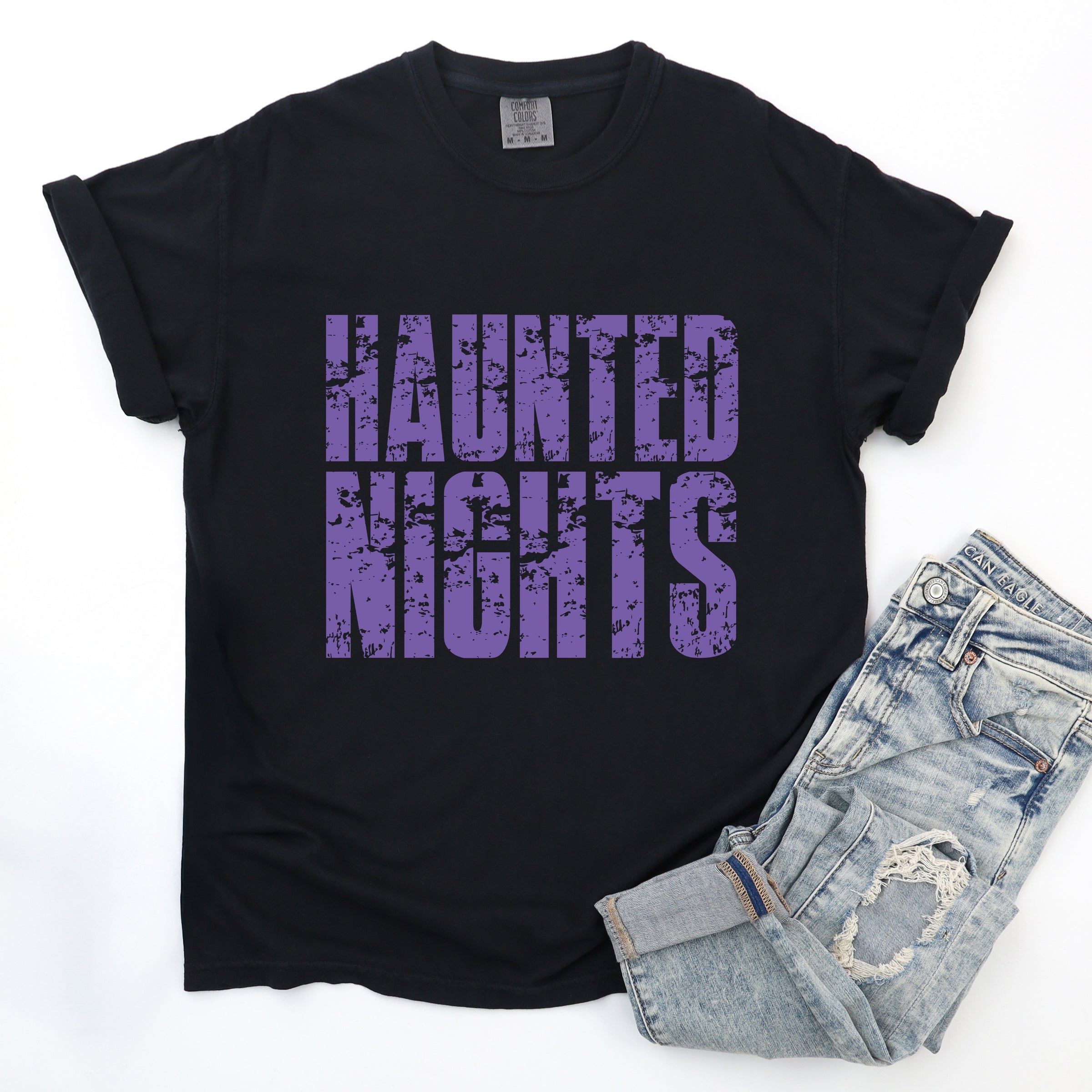 Haunted Nights Block Distressed - Women's Garment Dyed Graphic T-Shirt