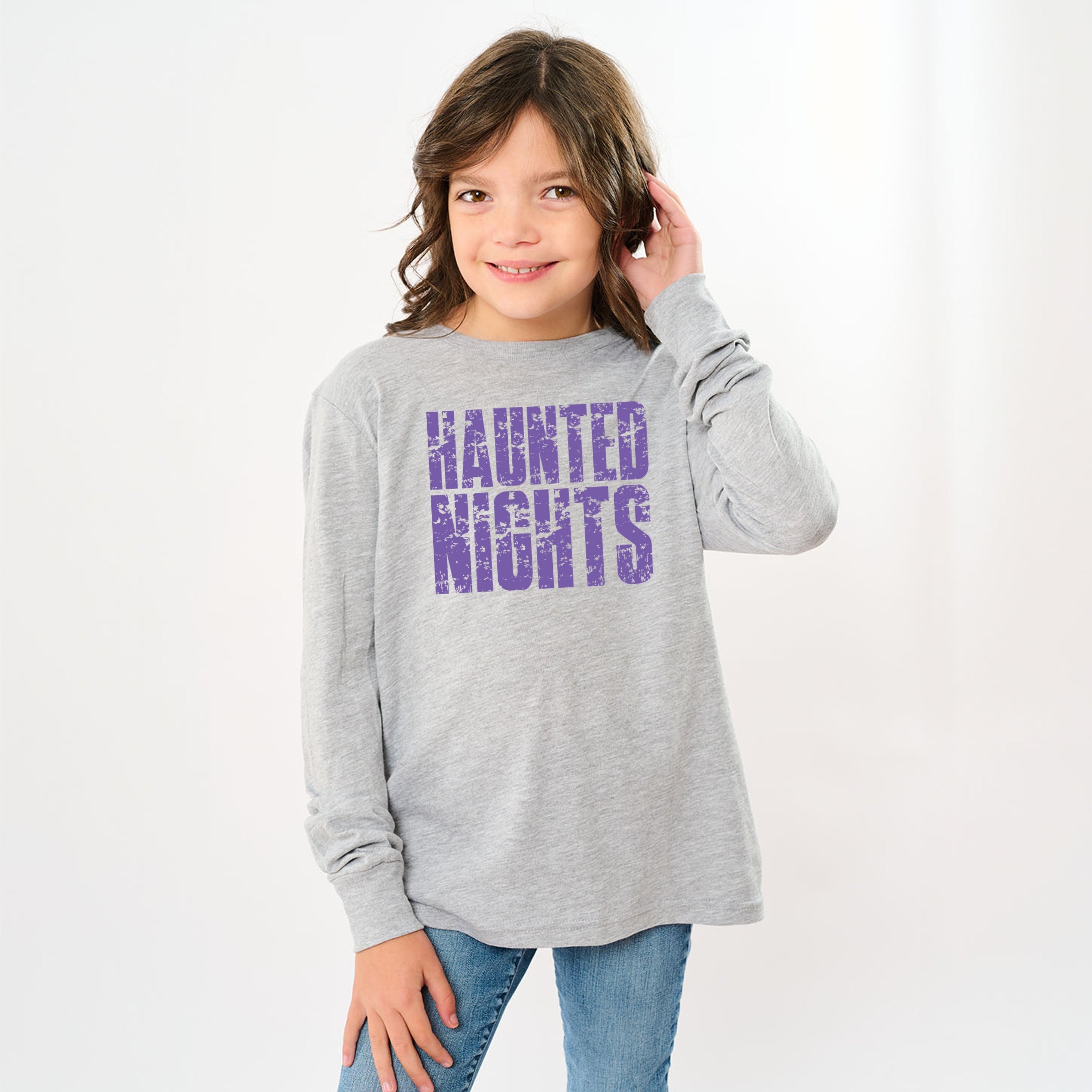 Haunted Nights Block Distressed - Youth Long Sleeve Graphic T-Shirt