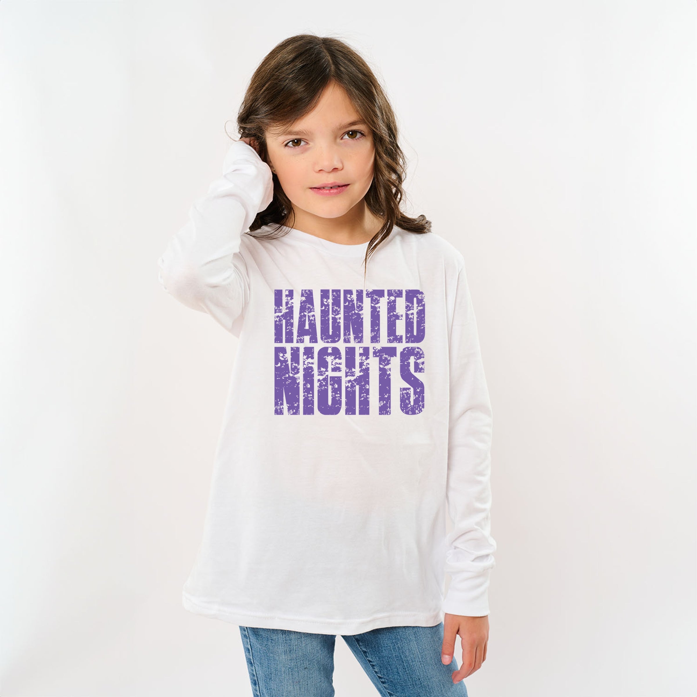 Haunted Nights Block Distressed - Youth Long Sleeve Graphic T-Shirt