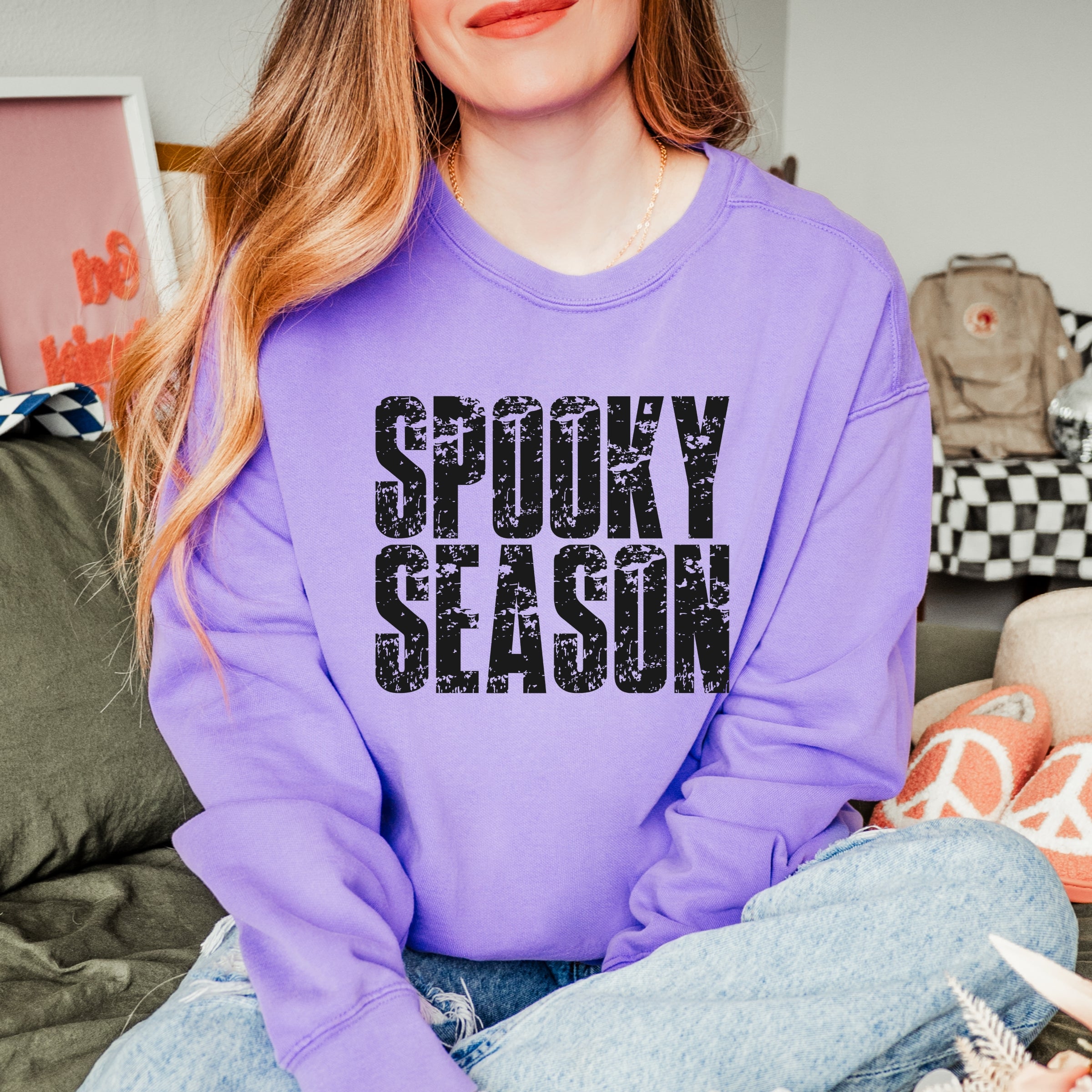 Spooky Season Block Distressed - Women's Garment Dyed Graphic Sweatshirt
