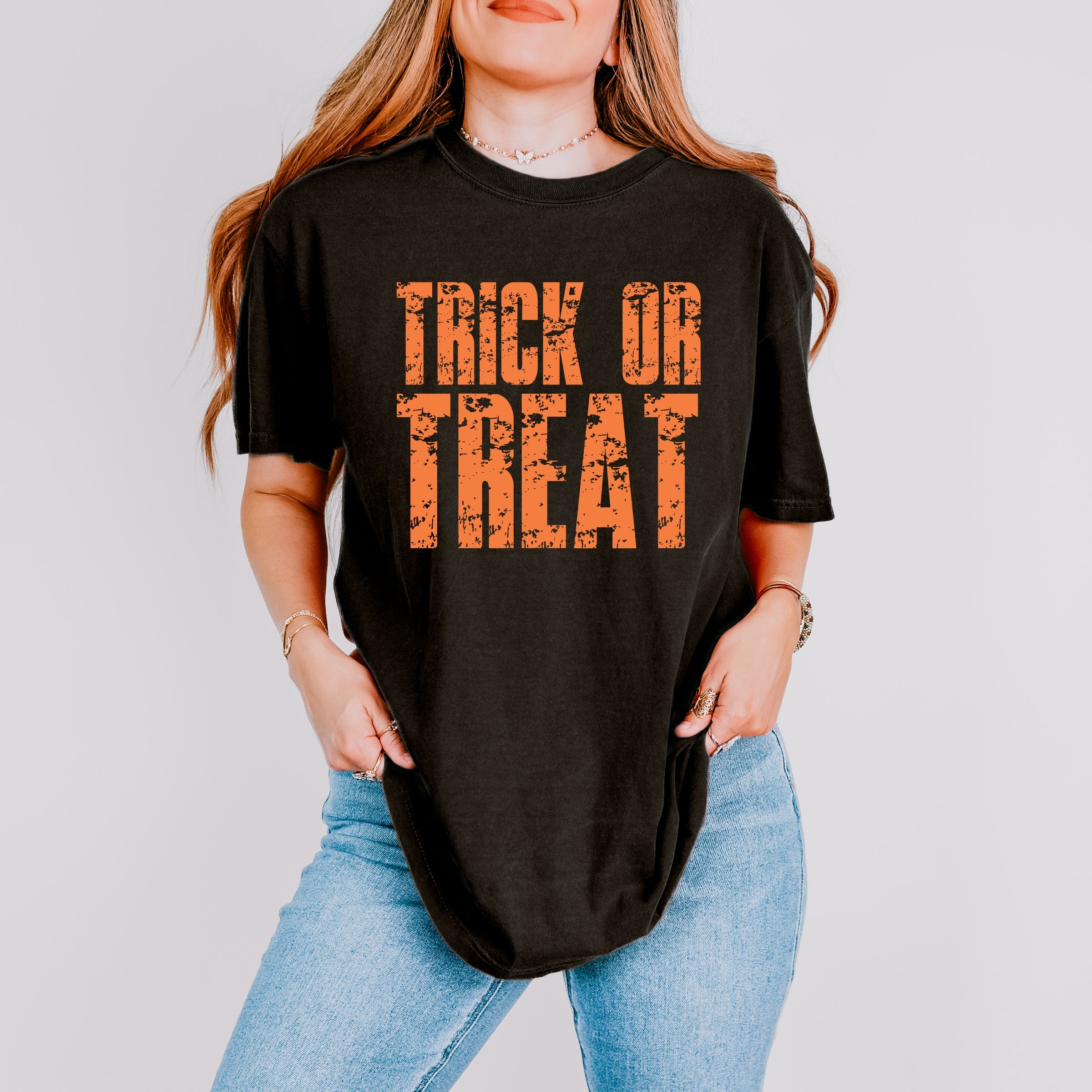 Trick or Treat Block Distressed - Women's Garment Dyed Graphic T-Shirt