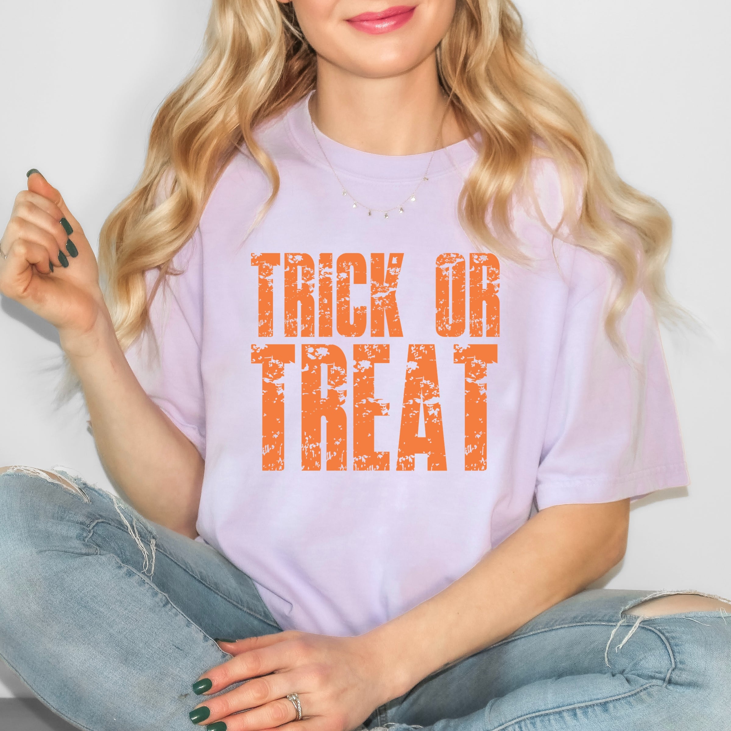 Trick or Treat Block Distressed - Women's Garment Dyed Graphic T-Shirt