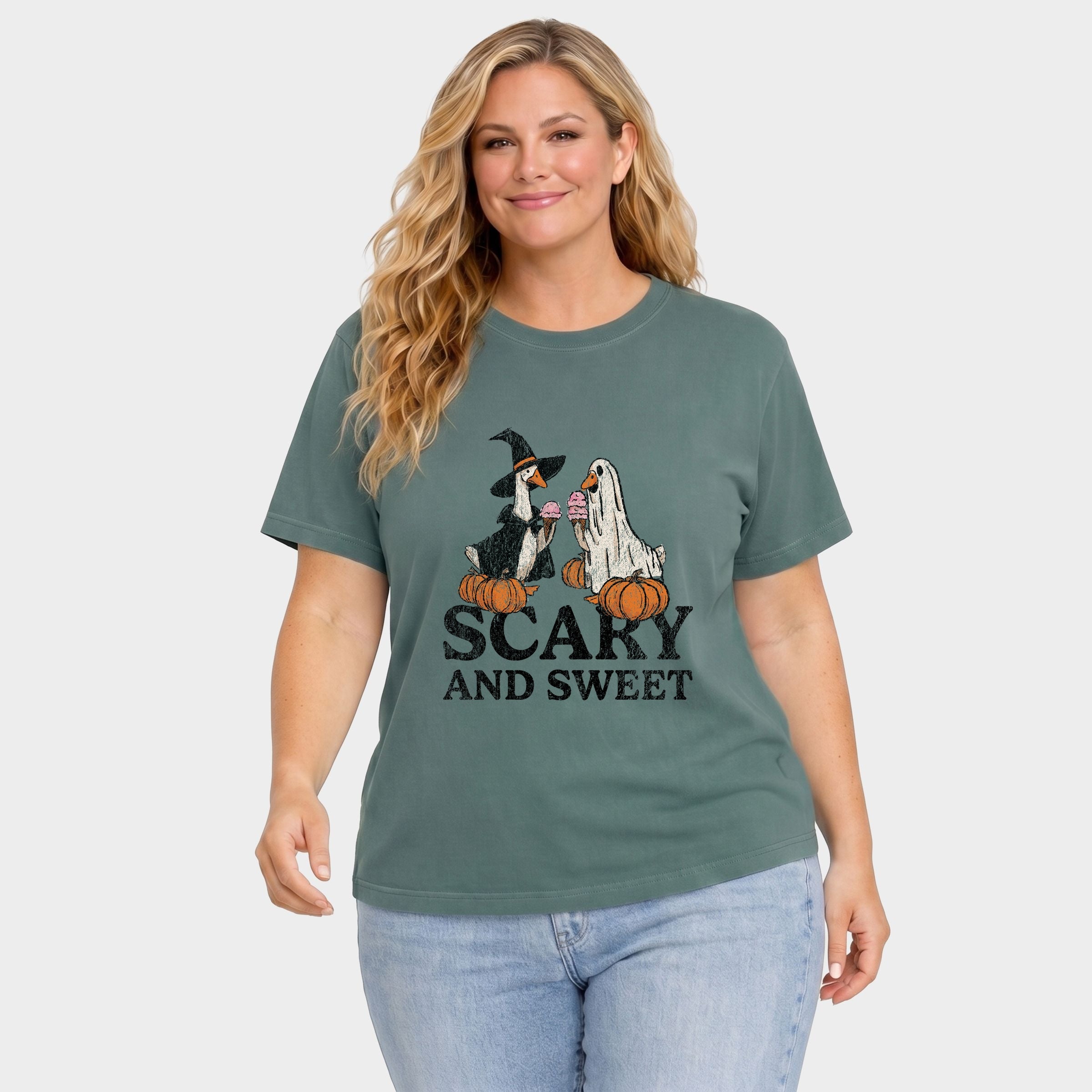 Scary and Sweet Geese - Women's Plus Sized Garment Dyed Graphic T-Shirt
