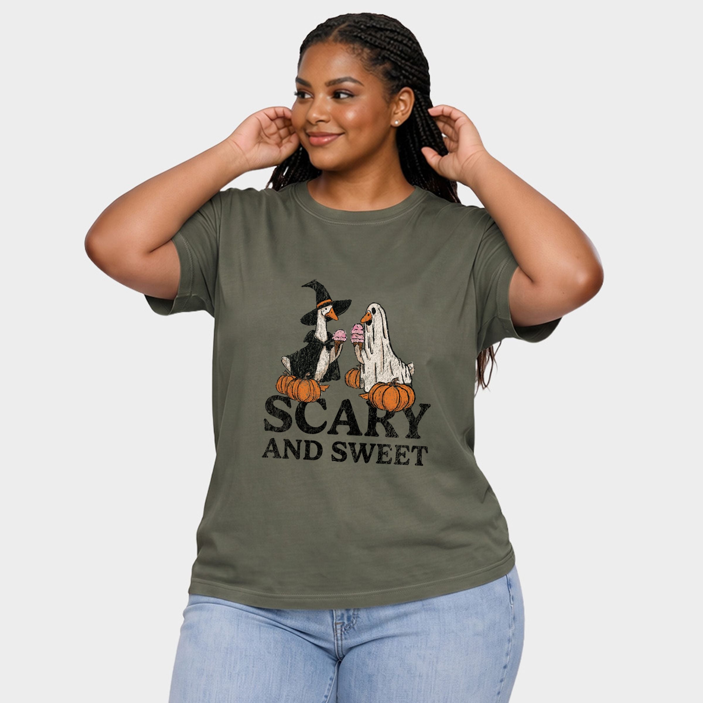 Scary and Sweet Geese - Women's Plus Sized Garment Dyed Graphic T-Shirt