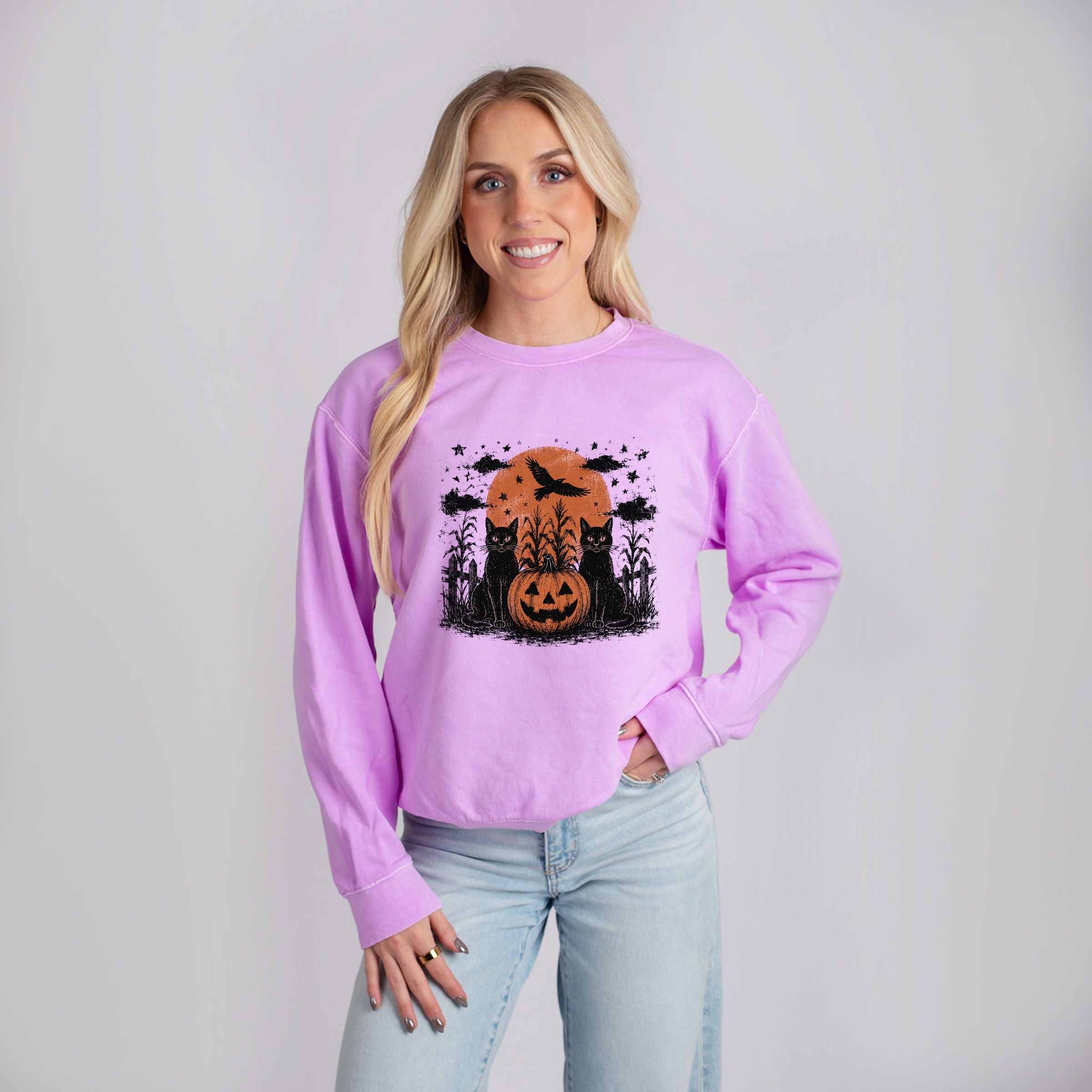 Black Cats Moon - Women's Lightweight Garment Dyed Sweatshirt