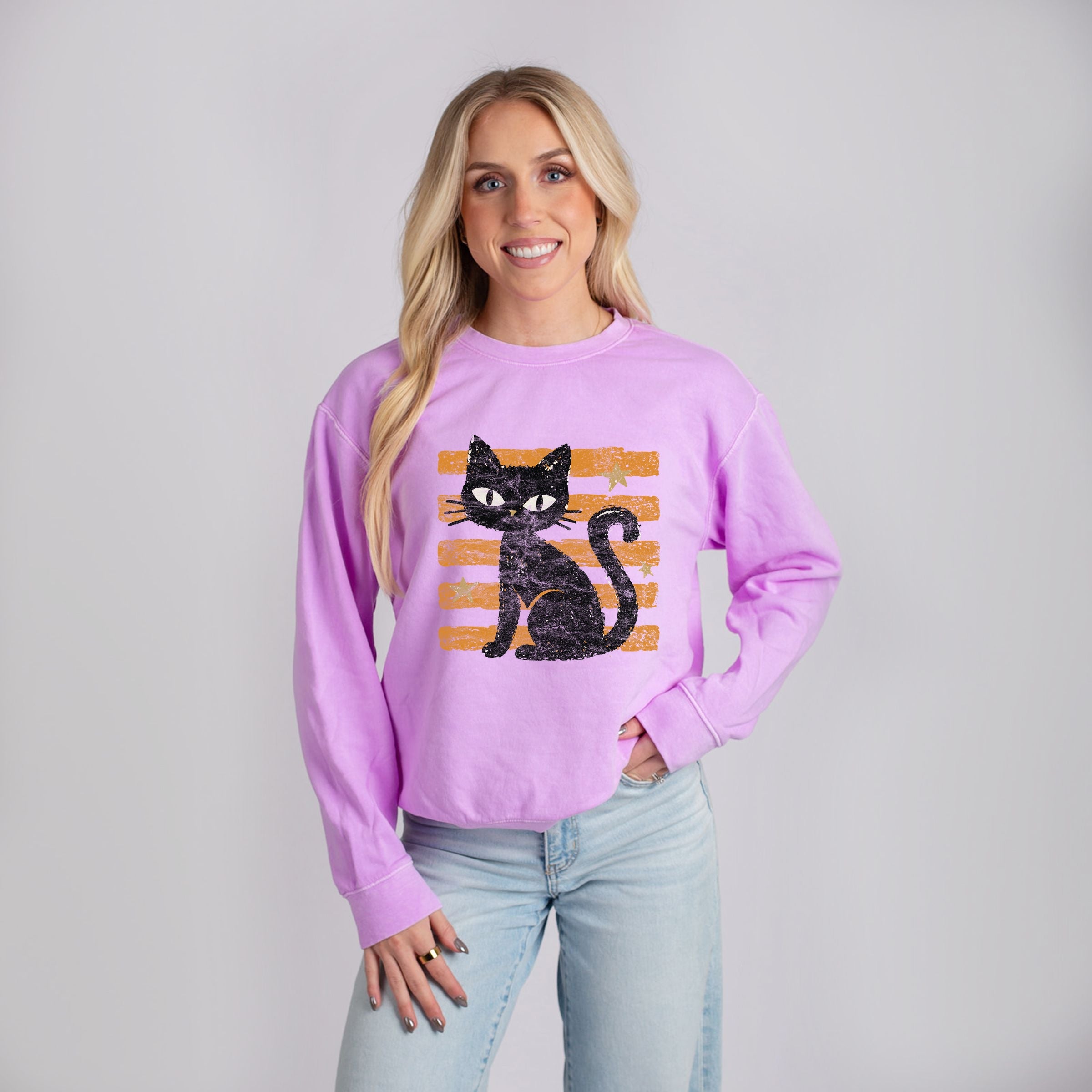 Black Cat Orange Stripes - Women's Lightweight Garment Dyed Sweatshirt