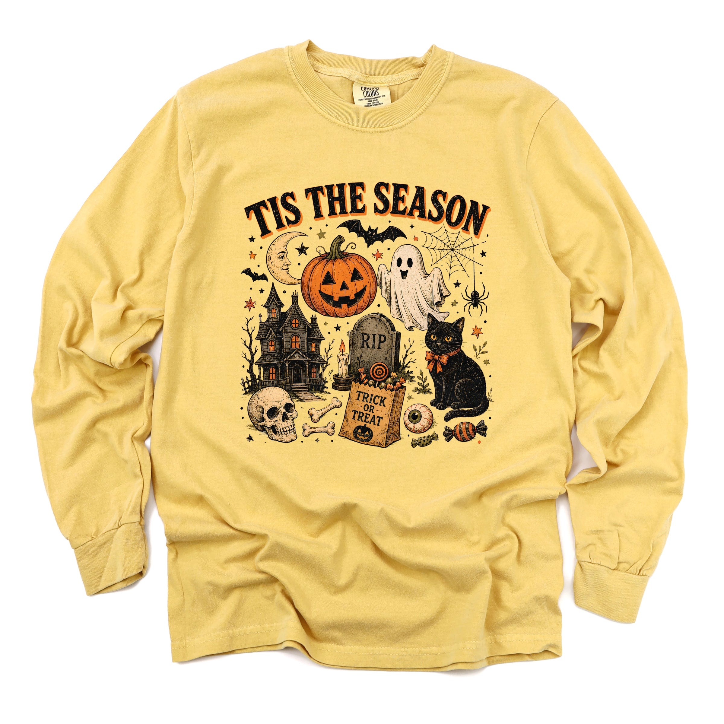 Tis The Season Haloween Collage - Women's Garment Dyed Long Sleeve Graphic T-Shirt