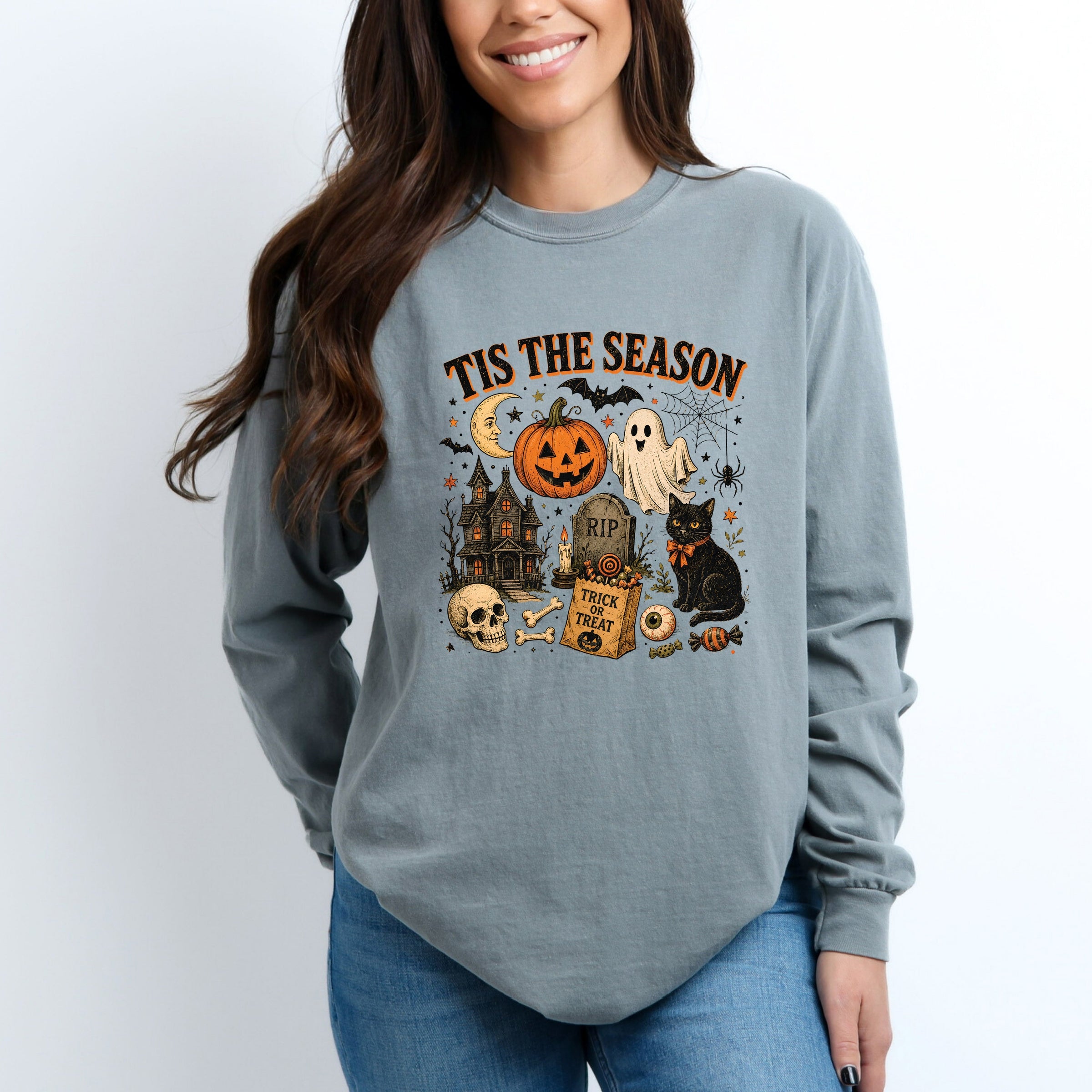 Tis The Season Haloween Collage - Women's Garment Dyed Long Sleeve Graphic T-Shirt