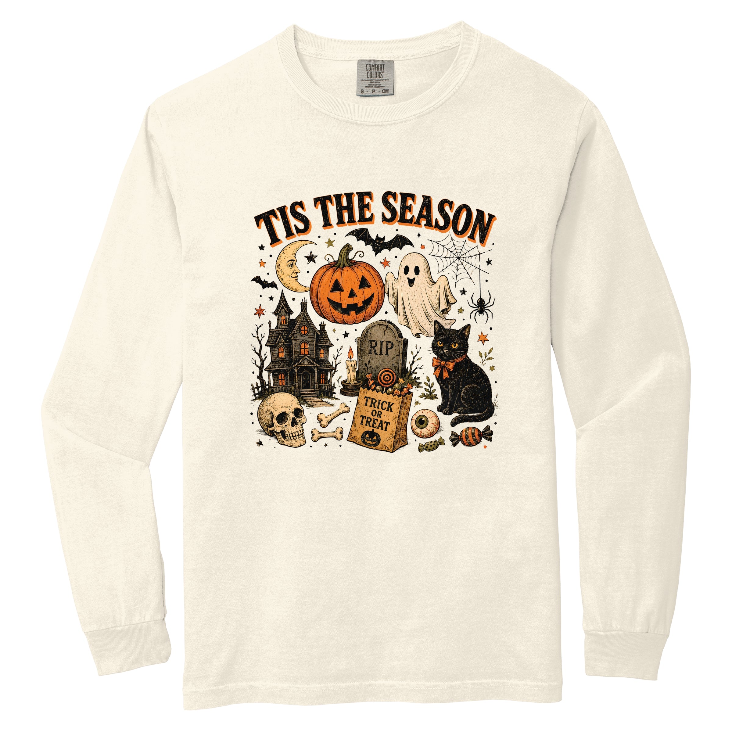 Tis The Season Haloween Collage - Women's Garment Dyed Long Sleeve Graphic T-Shirt