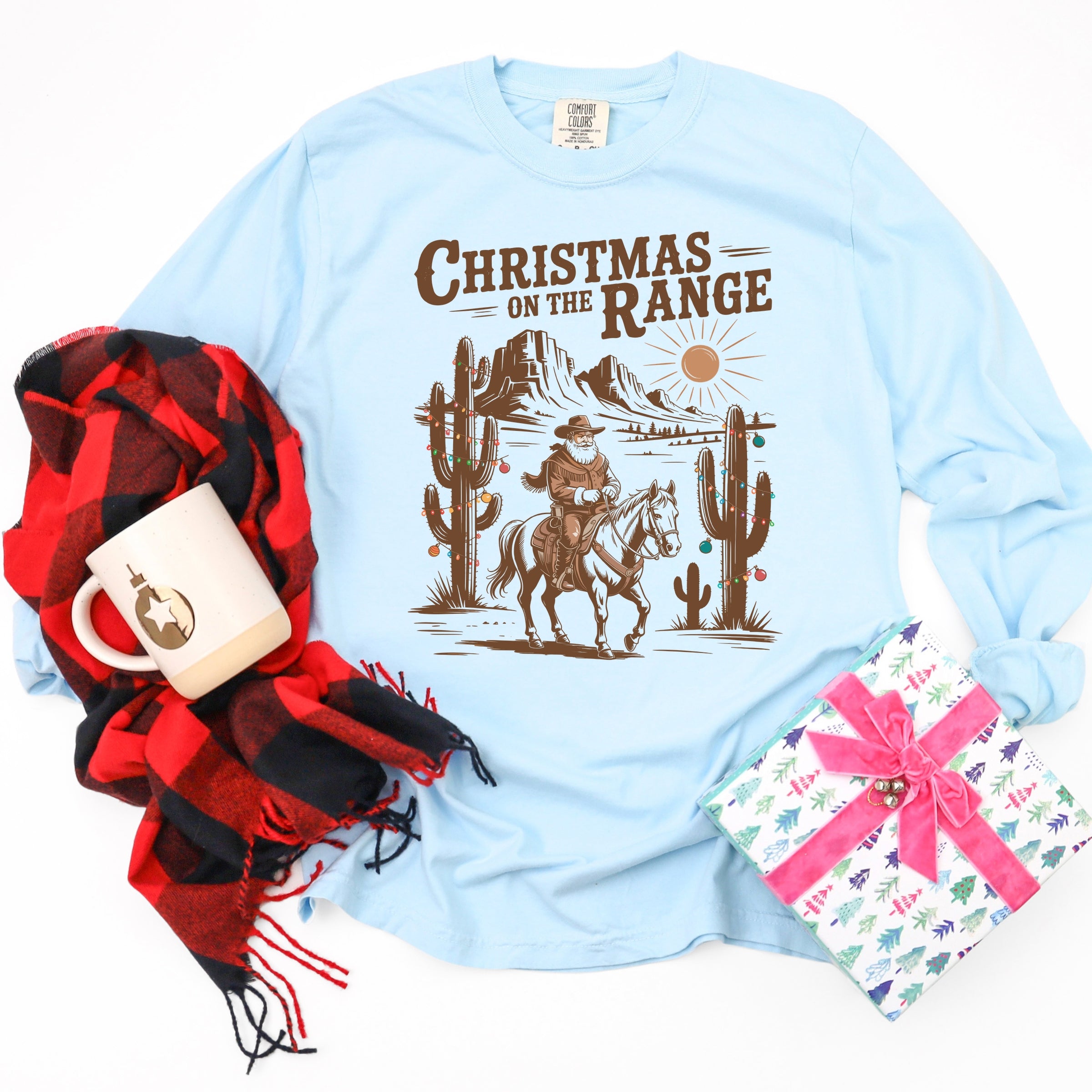 Christmas on the Range - Women's Garment Dyed Long Sleeve Graphic T-Shirt