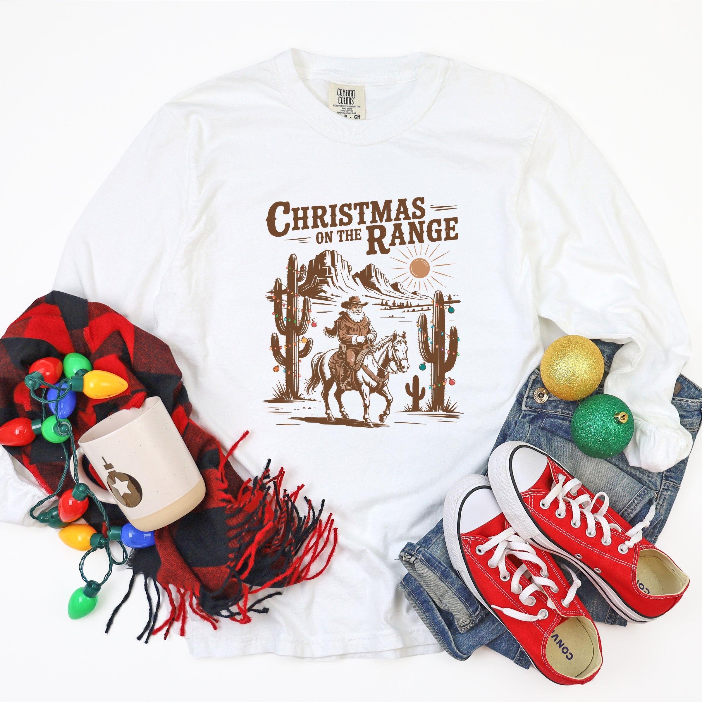 Christmas on the Range - Women's Garment Dyed Long Sleeve Graphic T-Shirt
