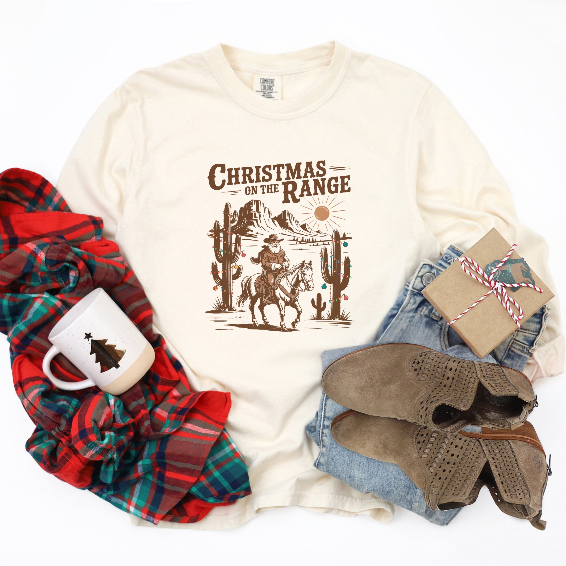 Christmas on the Range - Women's Garment Dyed Long Sleeve Graphic T-Shirt