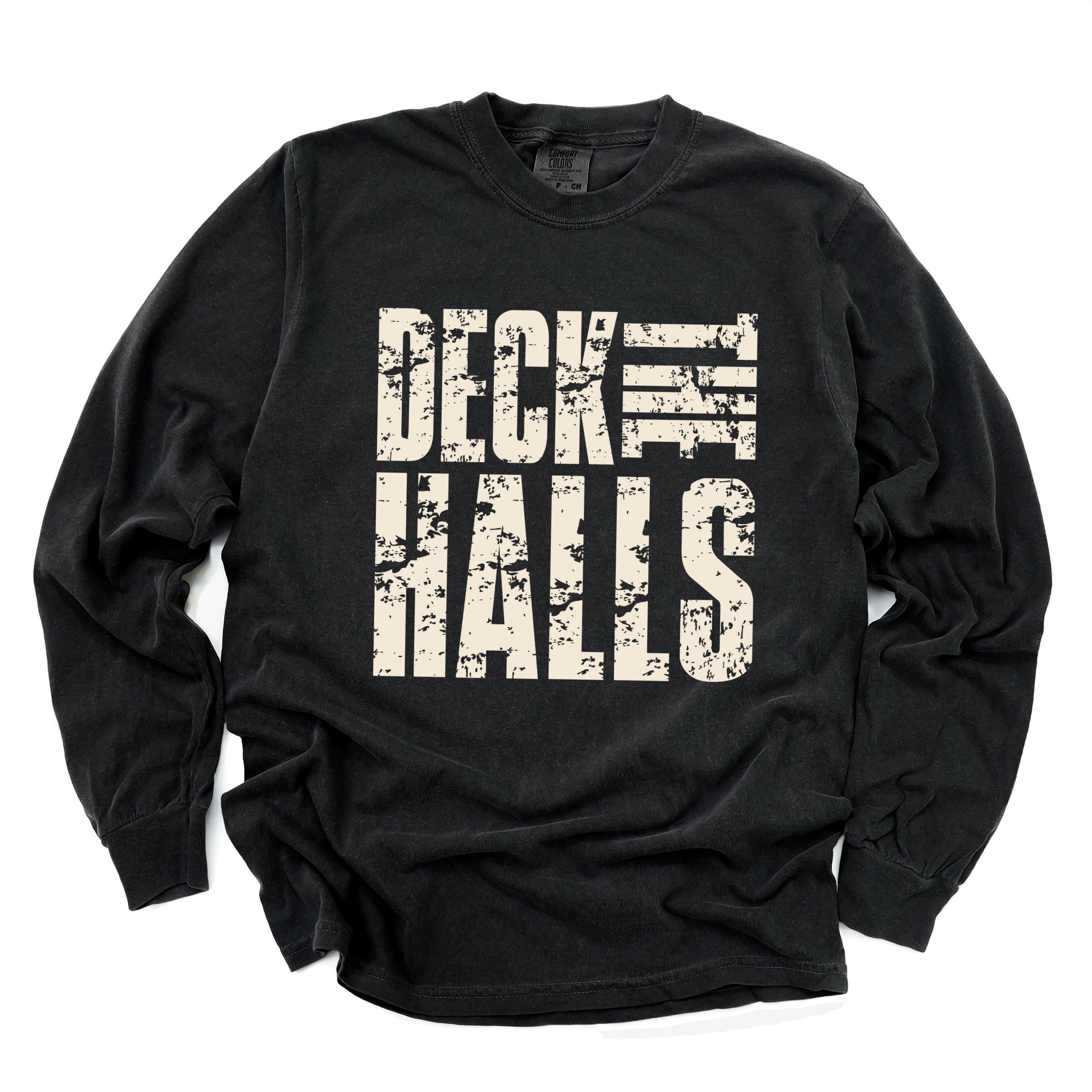 Deck the Halls Block Distressed - Women's Garment Dyed Long Sleeve Graphic T-Shirt