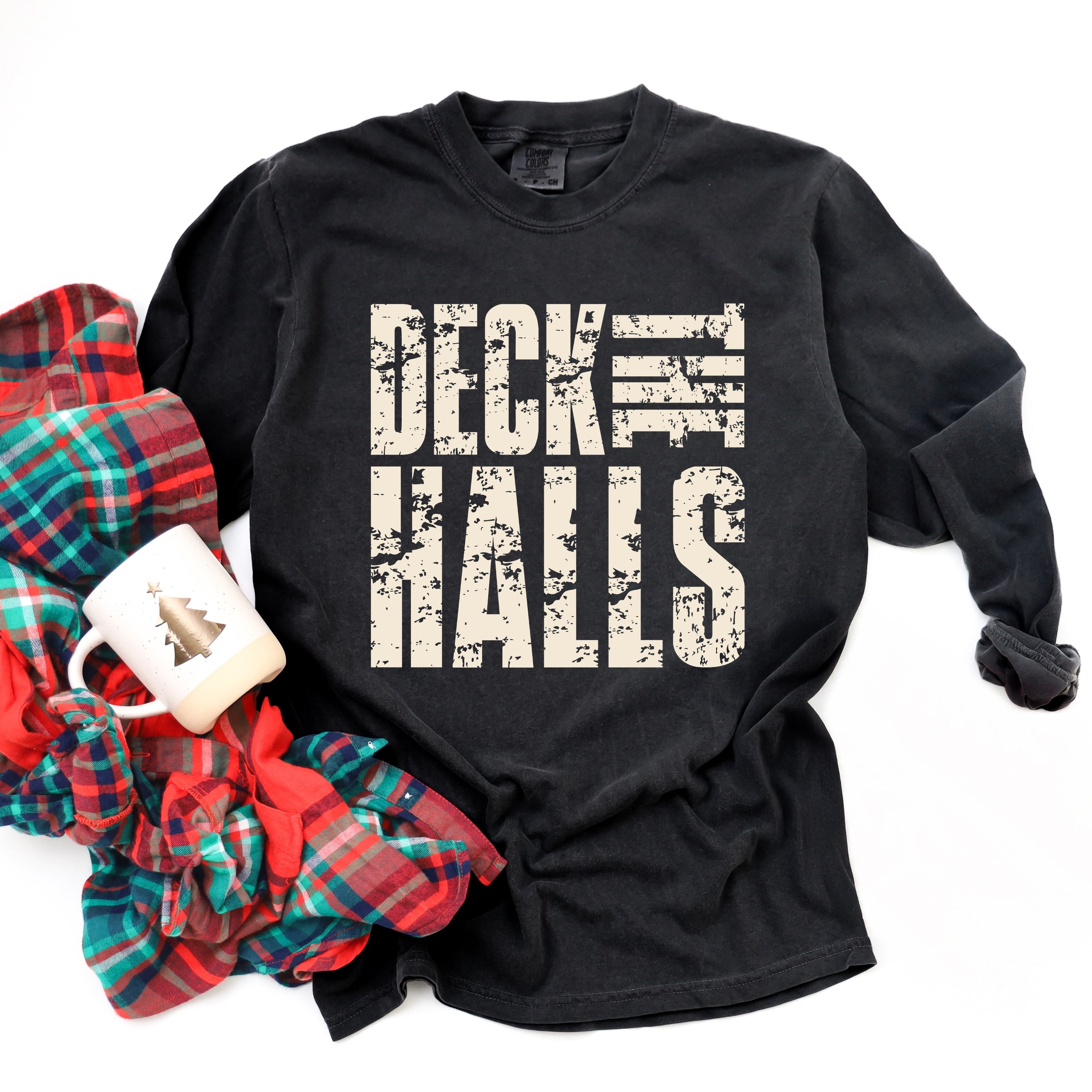 Deck the Halls Block Distressed - Women's Garment Dyed Long Sleeve Graphic T-Shirt