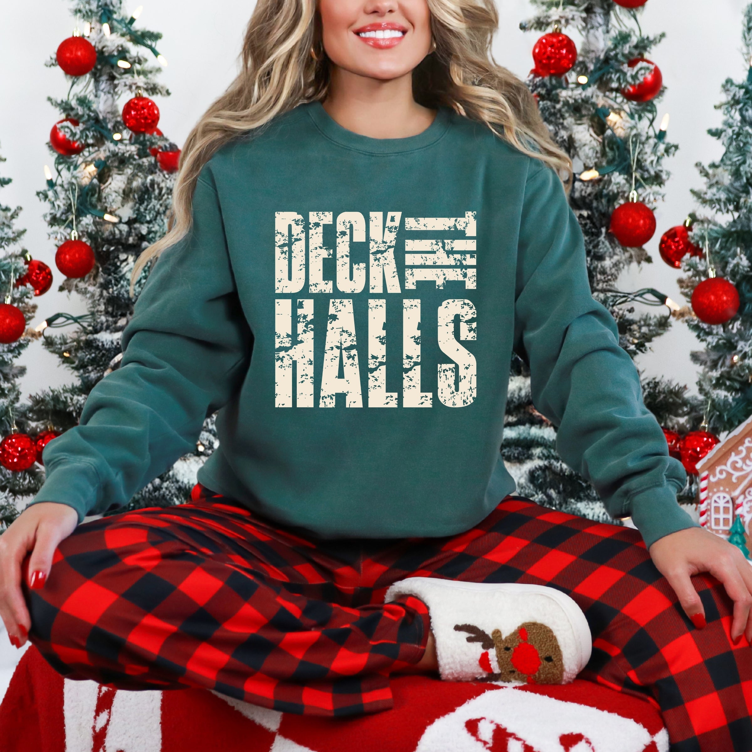 Deck the Halls Block Distressed - Women's Garment Dyed Graphic Sweatshirt