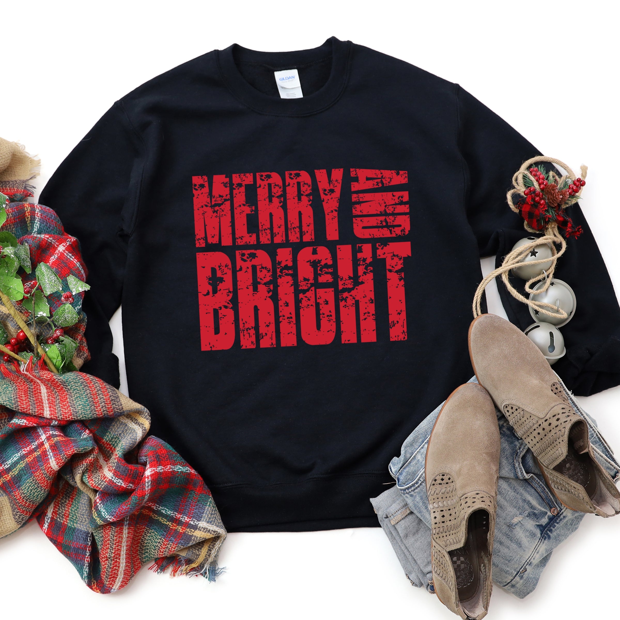 Merry and Bright Block Distressed - Women's Graphic Sweatshirt