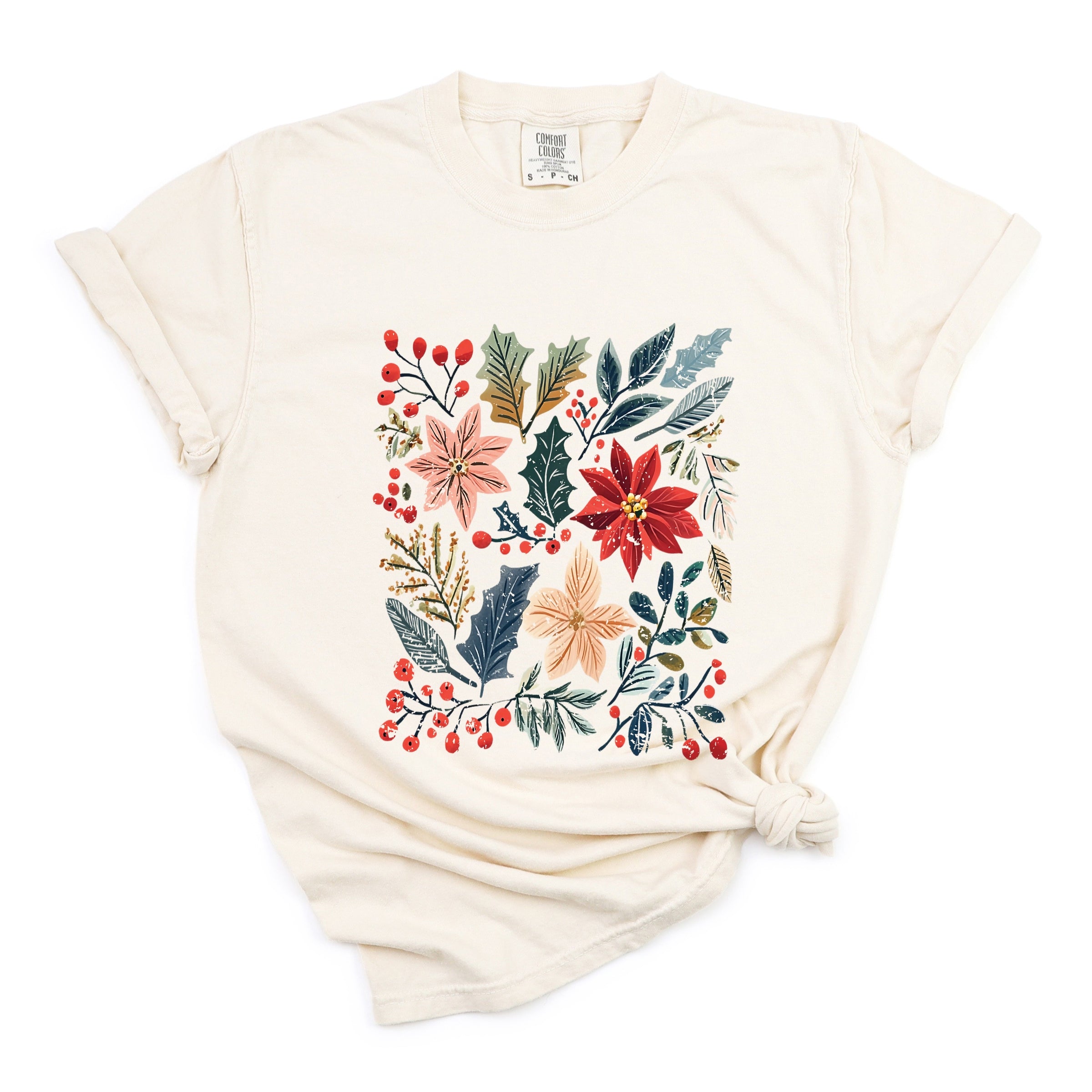Christmas Flowers and Berries Distressed - Women's Garment Dyed Graphic T-Shirt