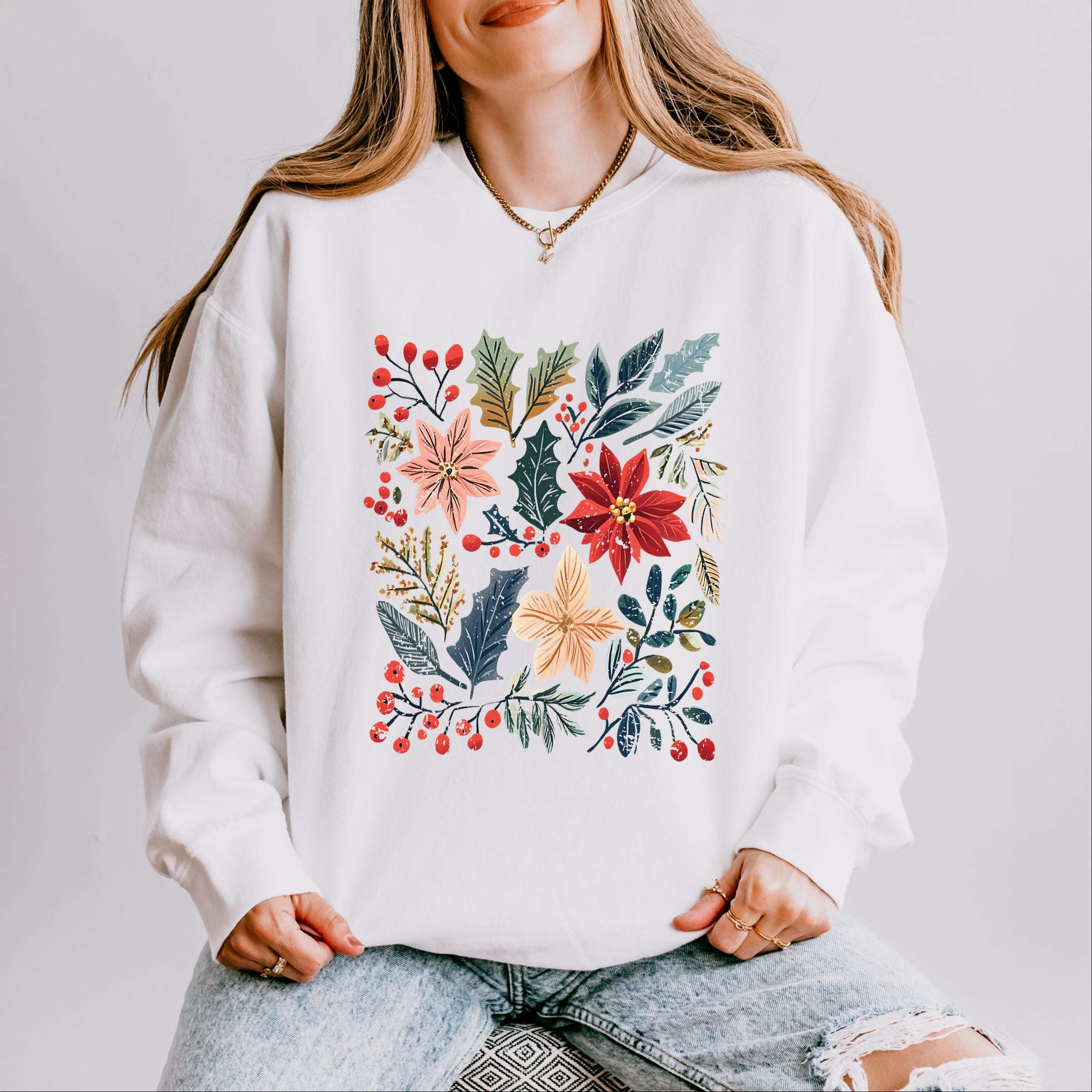 Christmas Flowers and Berries Distressed - Women's Lightweight Garment Dyed Sweatshirt