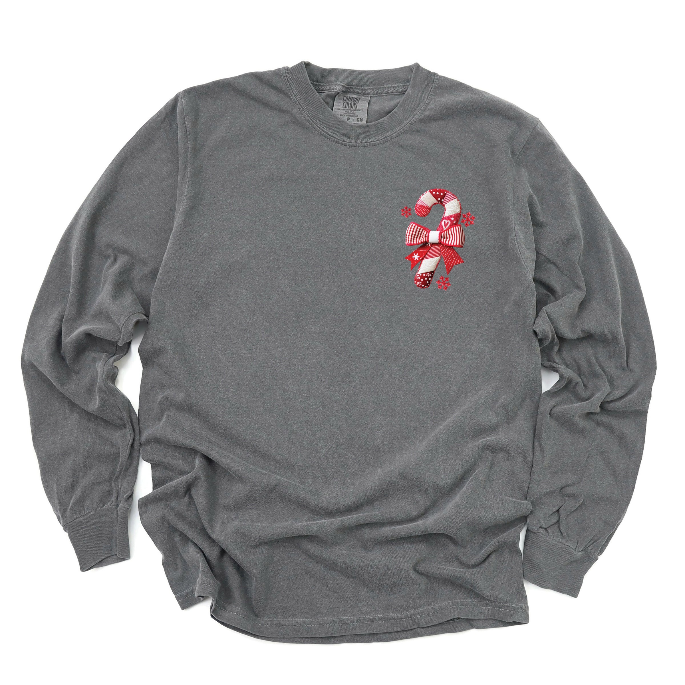 Candy Cane Bow Patchwork Print - Women's Garment Dyed Long Sleeve Graphic T-Shirt