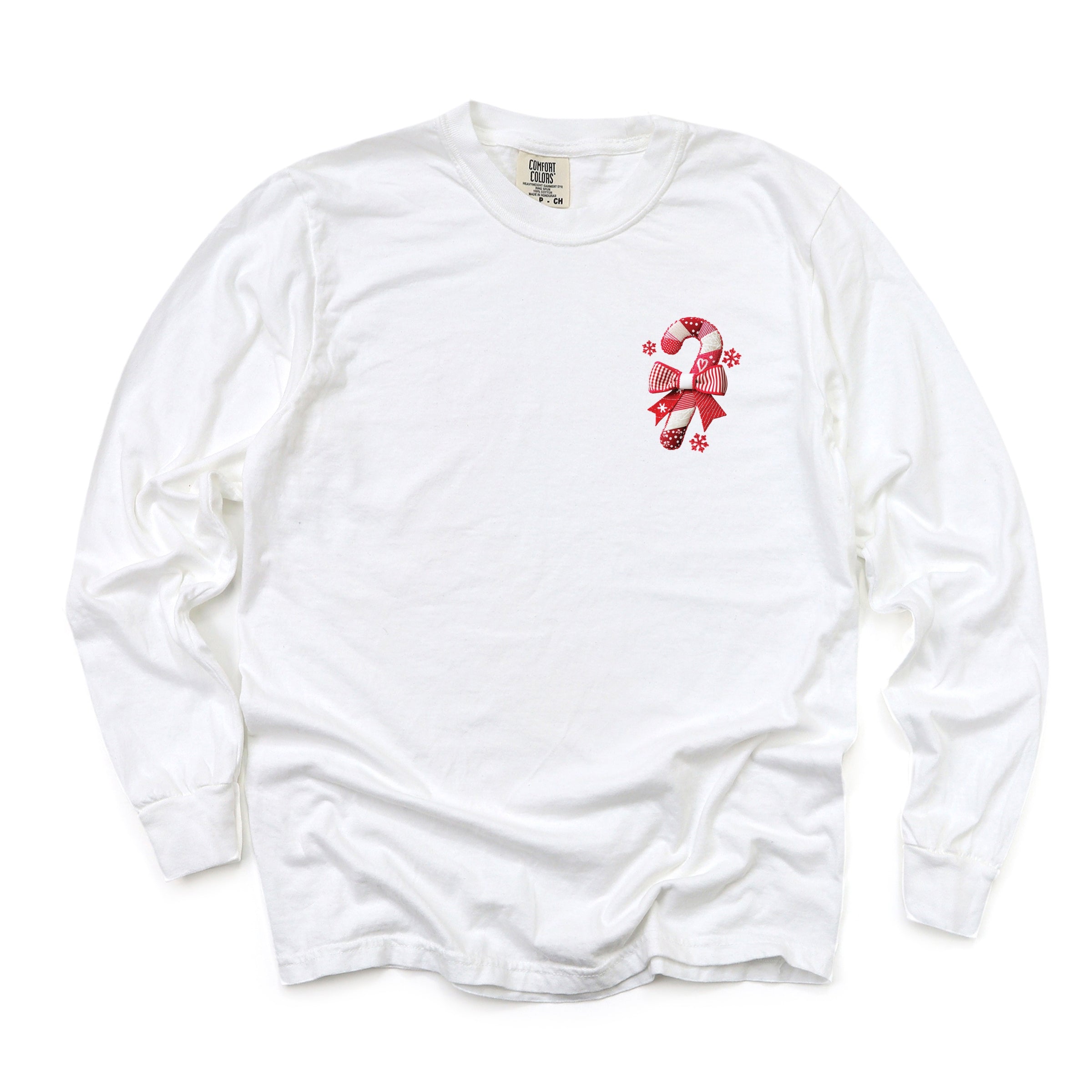 Candy Cane Bow Patchwork Print - Women's Garment Dyed Long Sleeve Graphic T-Shirt