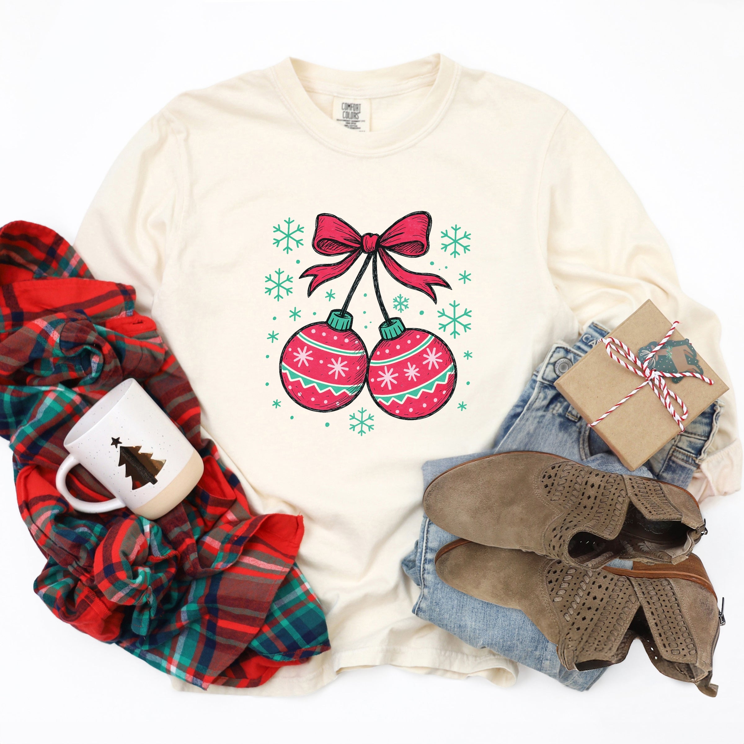 Christmas Ornaments Sketched Snowflakes - Women's Garment Dyed Long Sleeve Graphic T-Shirt