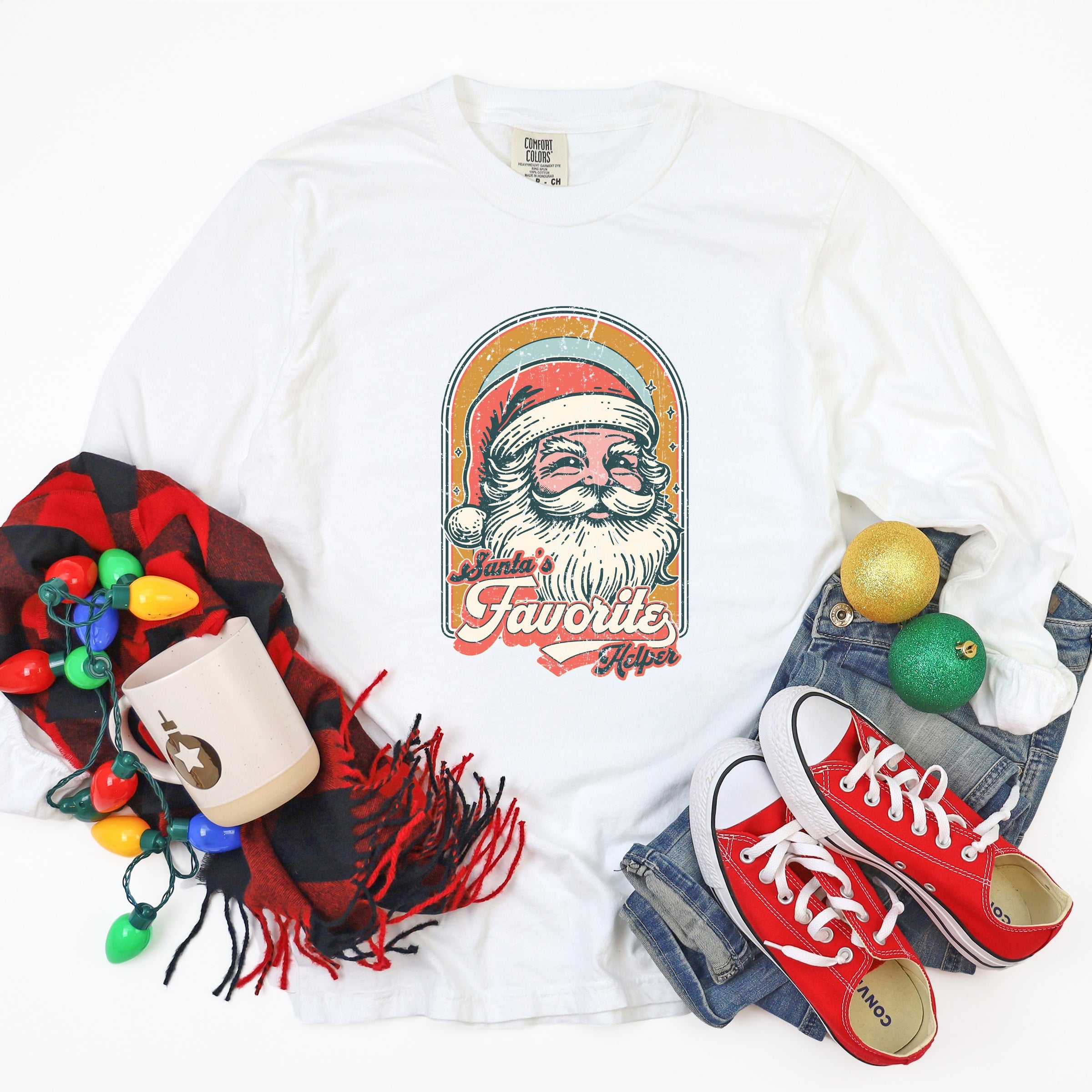 Santa's Favorite Helper Retro - Women's Garment Dyed Long Sleeve Graphic T-Shirt