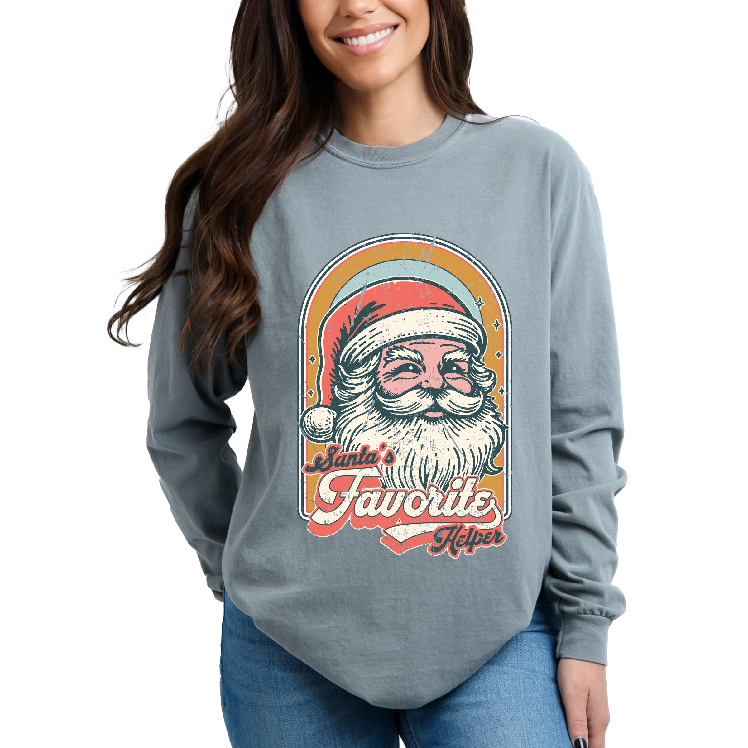 Santa's Favorite Helper Retro - Women's Garment Dyed Long Sleeve Graphic T-Shirt