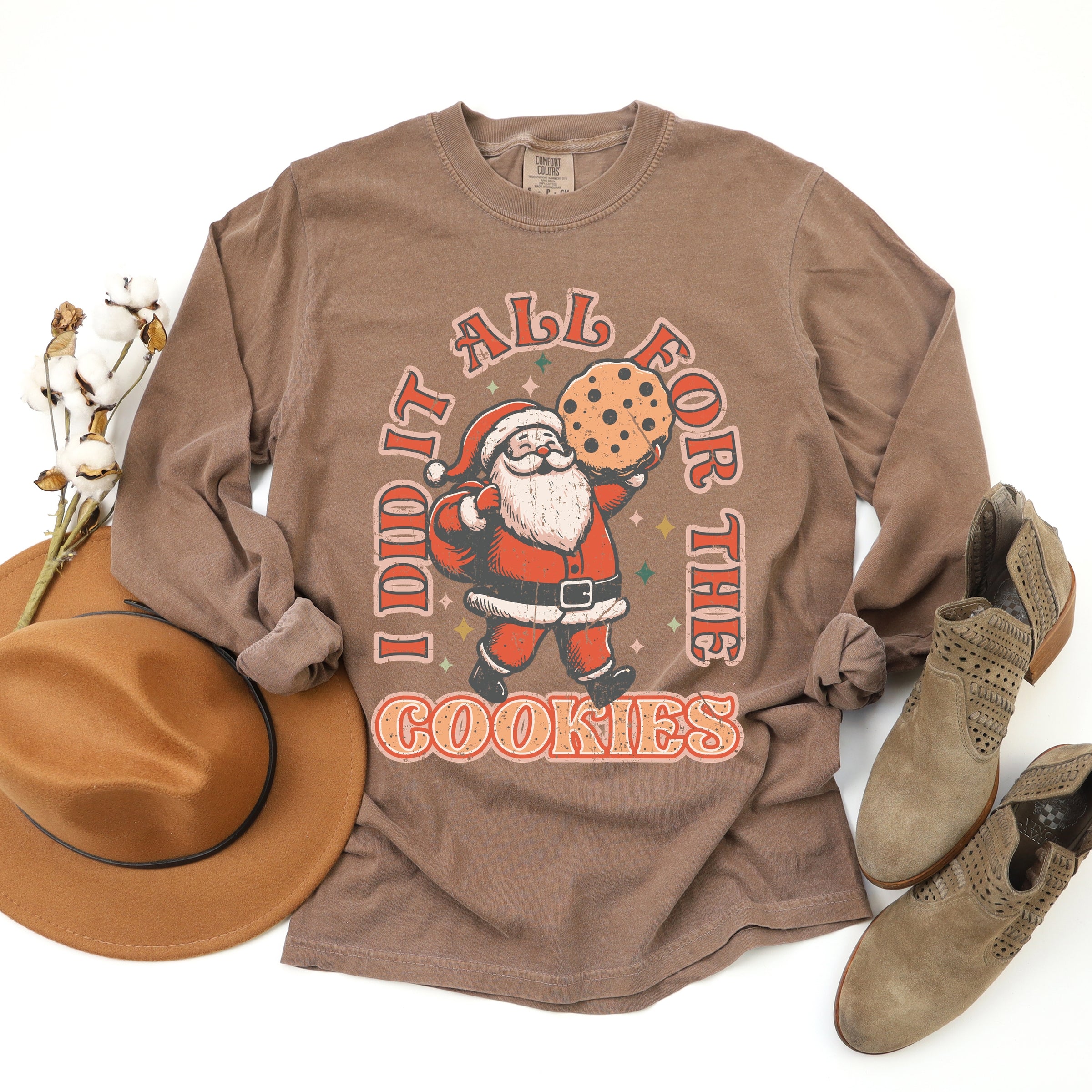 I Did It All For The Cookies Santa - Women's Garment Dyed Long Sleeve Graphic T-Shirt