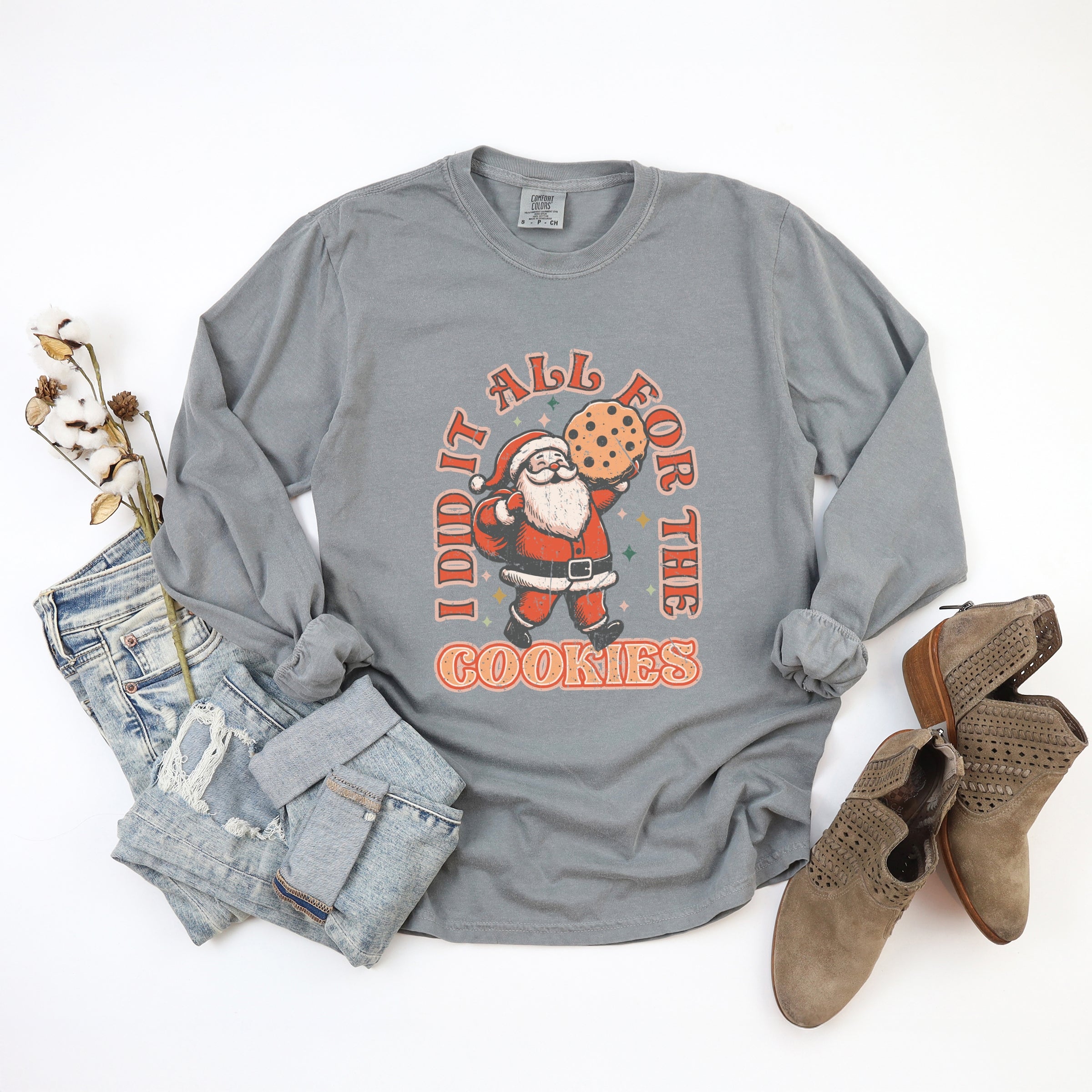 I Did It All For The Cookies Santa - Women's Garment Dyed Long Sleeve Graphic T-Shirt