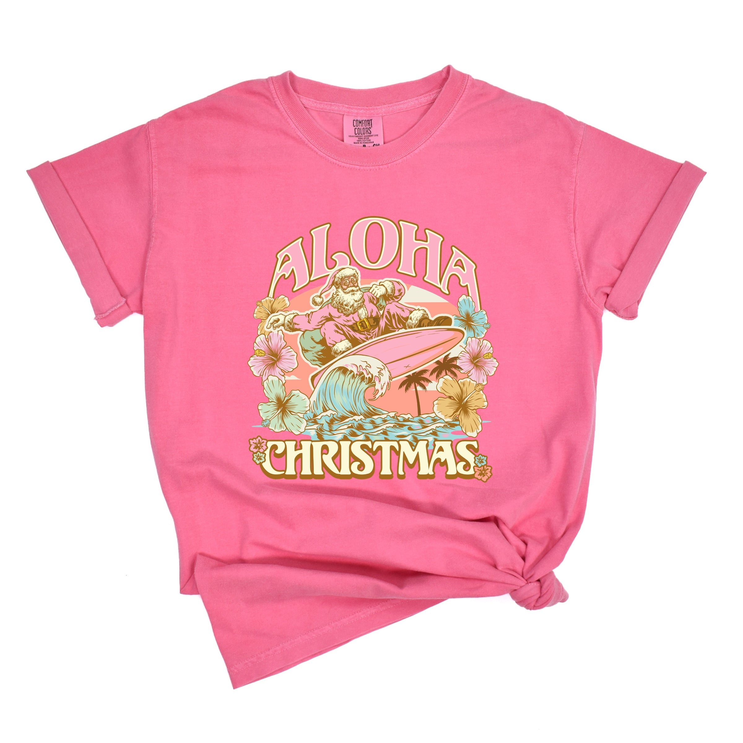 Aloha Christmas Surfing Santa - Women's Garment Dyed Graphic T-Shirt