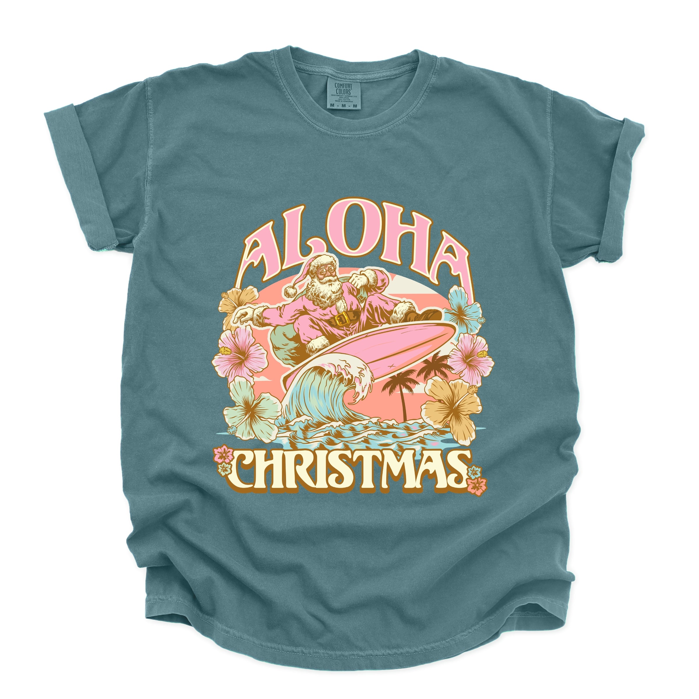 Aloha Christmas Surfing Santa - Women's Garment Dyed Graphic T-Shirt