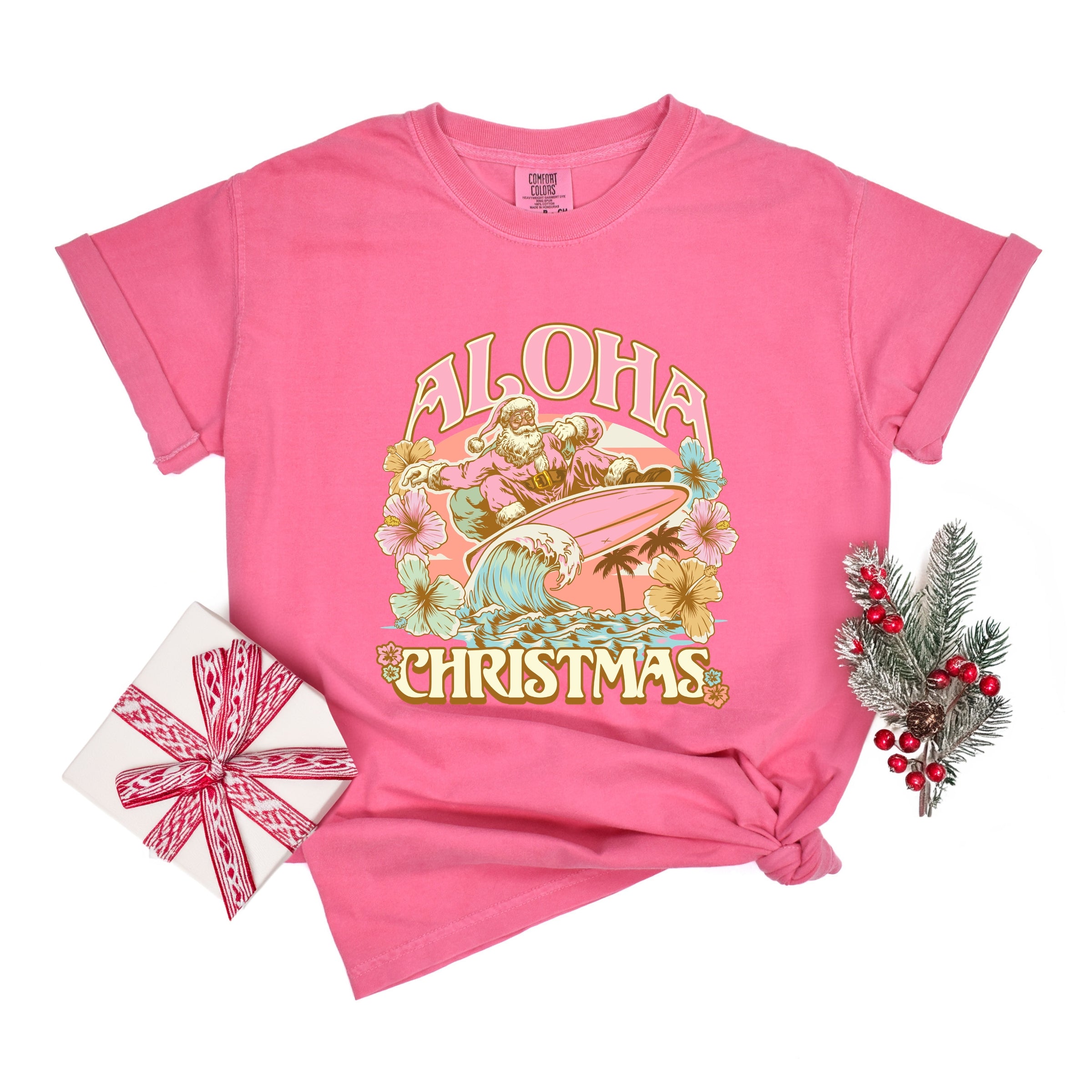 Aloha Christmas Surfing Santa - Women's Garment Dyed Graphic T-Shirt