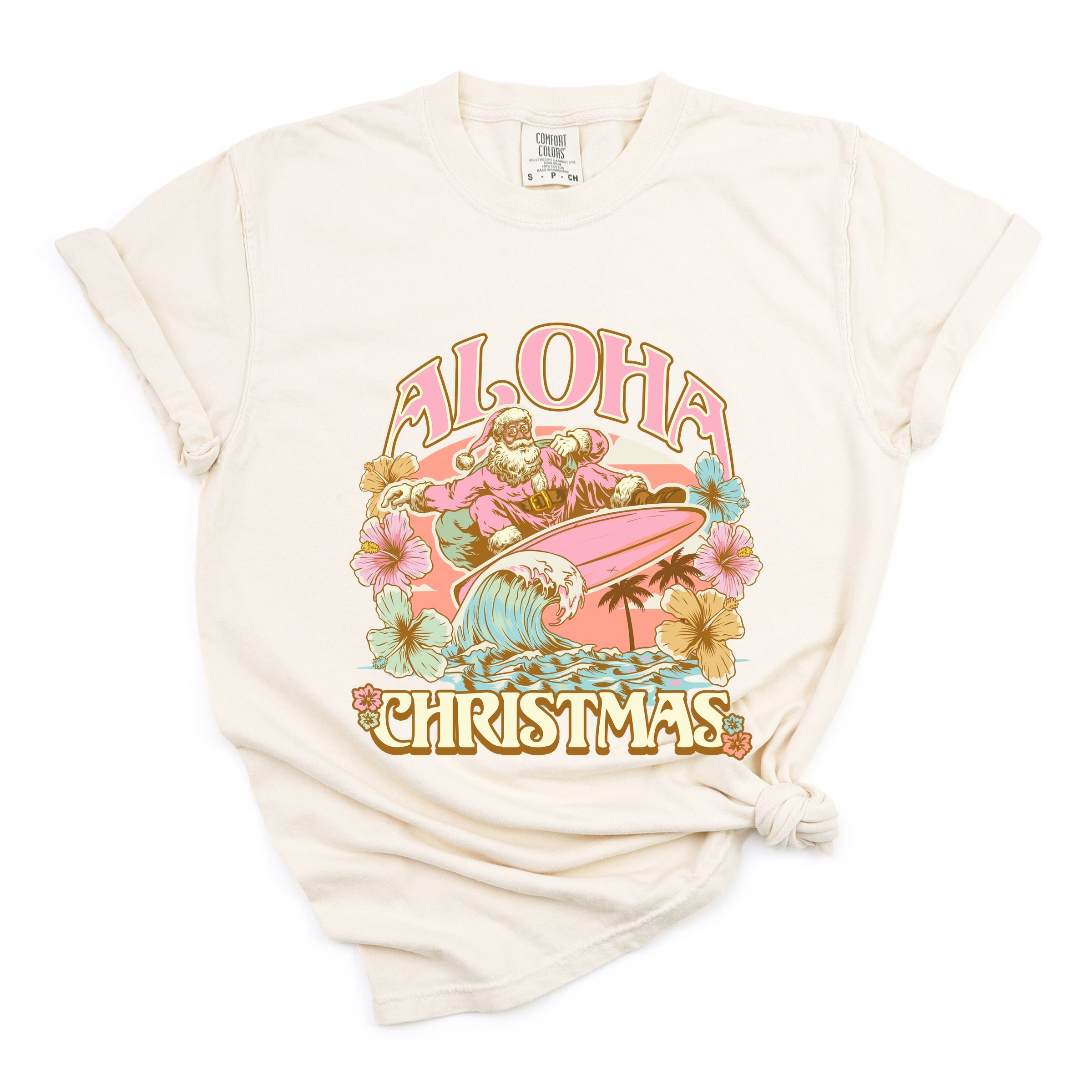 Aloha Christmas Surfing Santa - Women's Garment Dyed Graphic T-Shirt