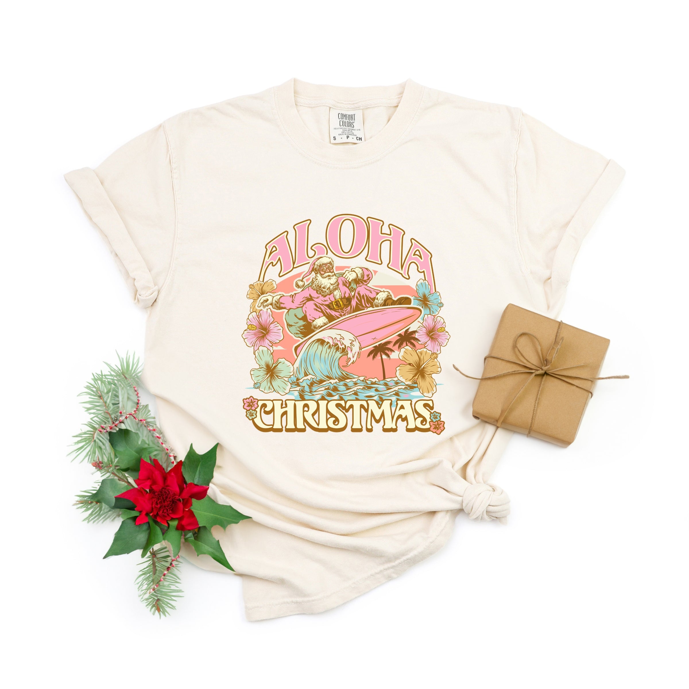 Aloha Christmas Surfing Santa - Women's Garment Dyed Graphic T-Shirt