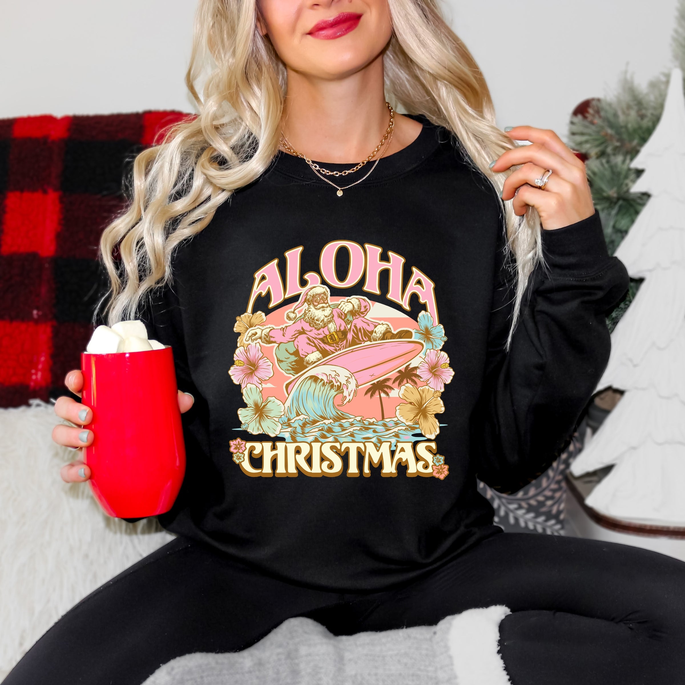 Aloha Christmas Surfing Santa - Women's Graphic Sweatshirt