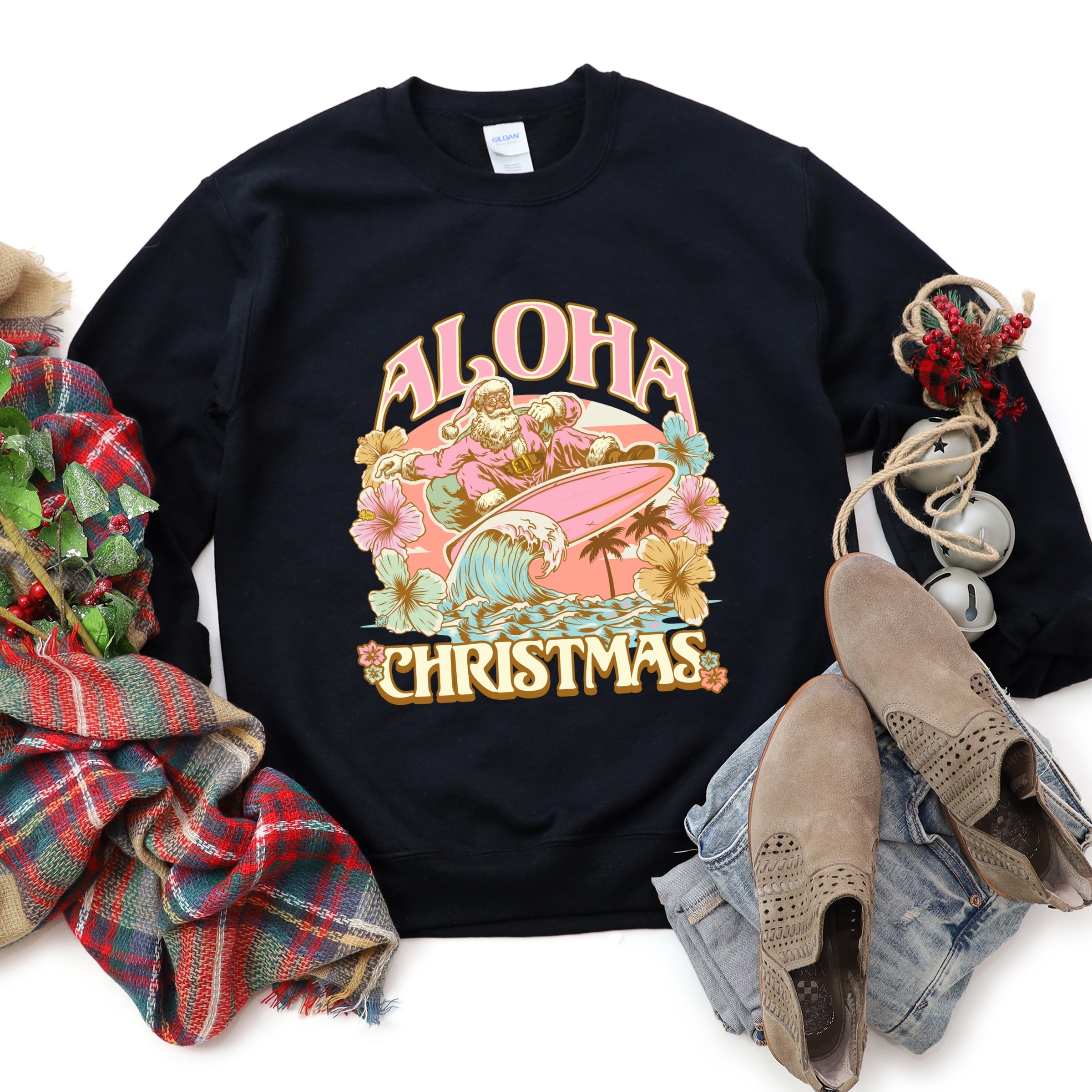 Aloha Christmas Surfing Santa - Women's Graphic Sweatshirt