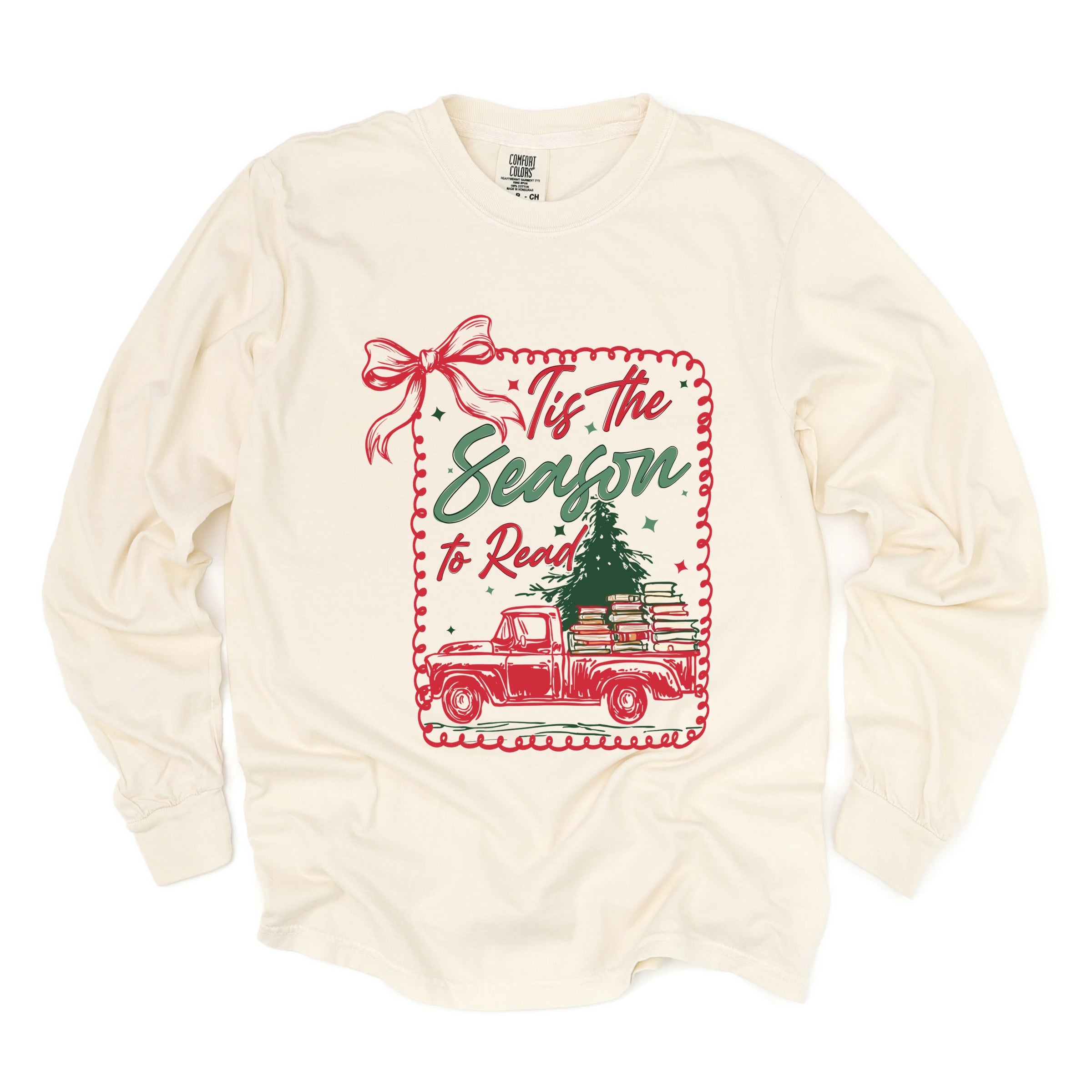 Tis The Season To Read Red Truck - Women's Garment Dyed Long Sleeve Graphic T-Shirt